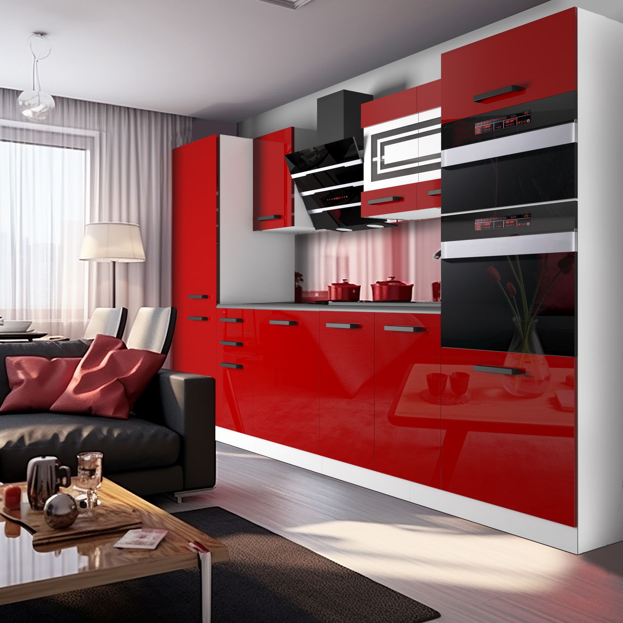 Cuisine rouge avec éléments de décoration contemporains