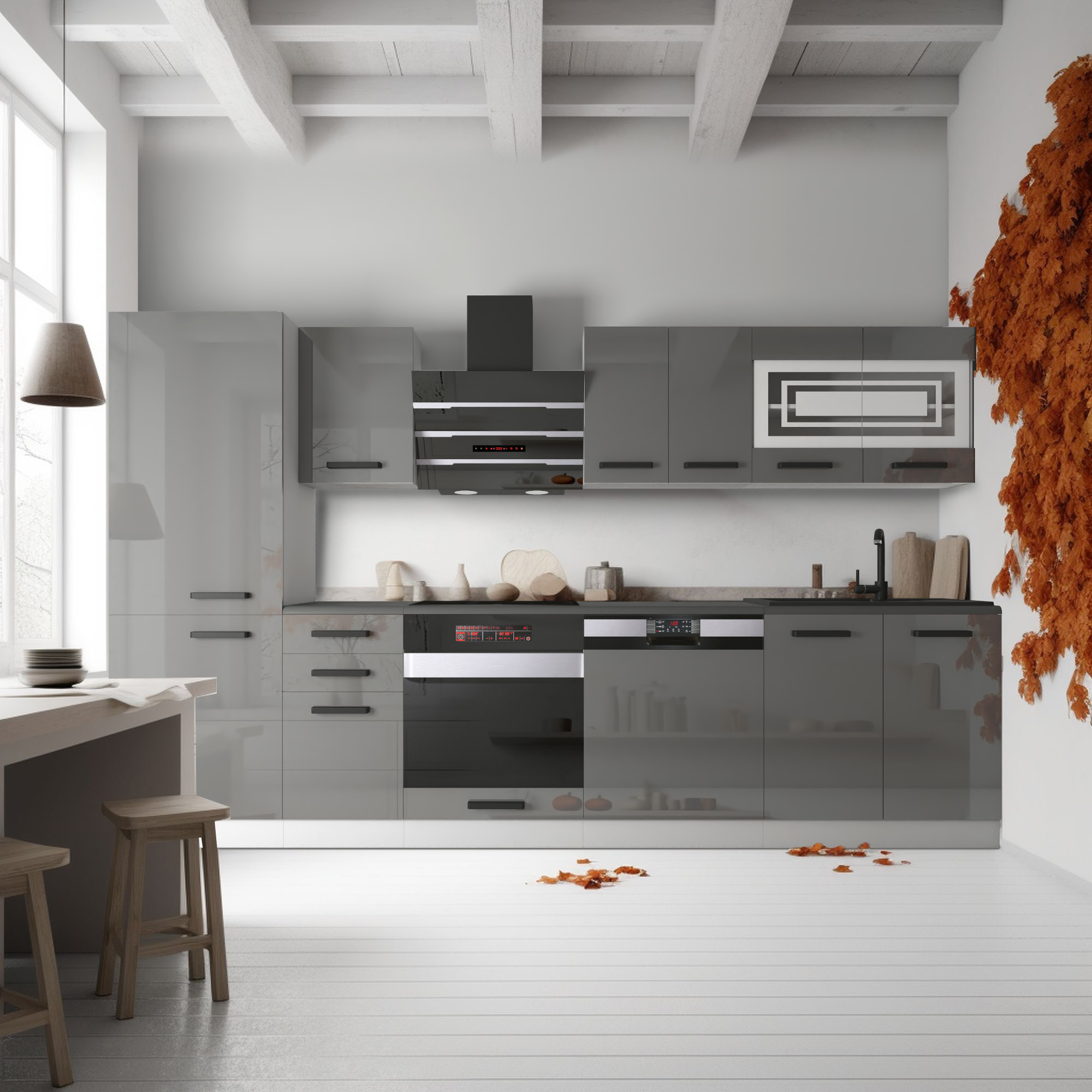 Cuisine moderne avec des meubles gris et des accents naturels