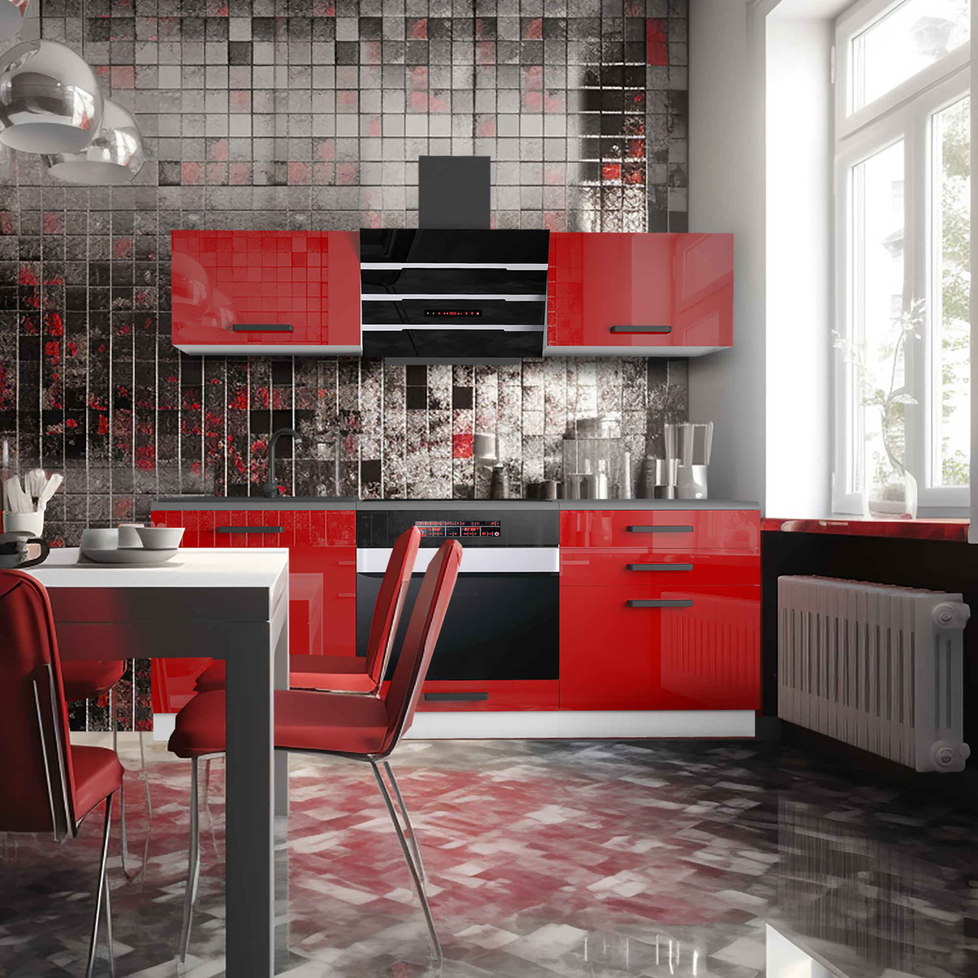 Cuisine moderne avec des éléments rouges audacieux