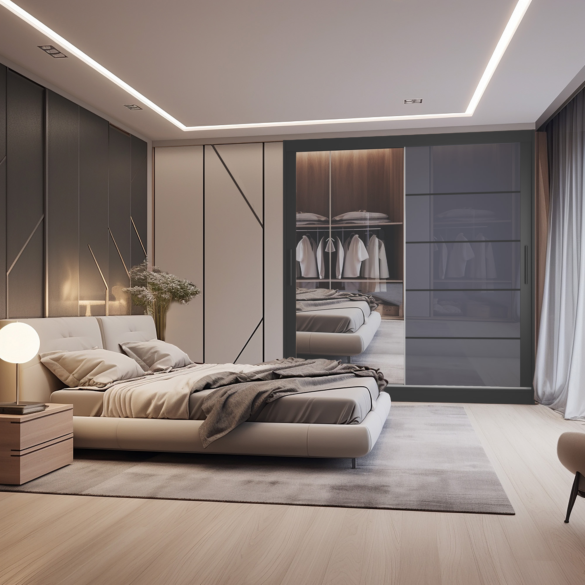 Chambre élégante avec lit et armoire miroir
