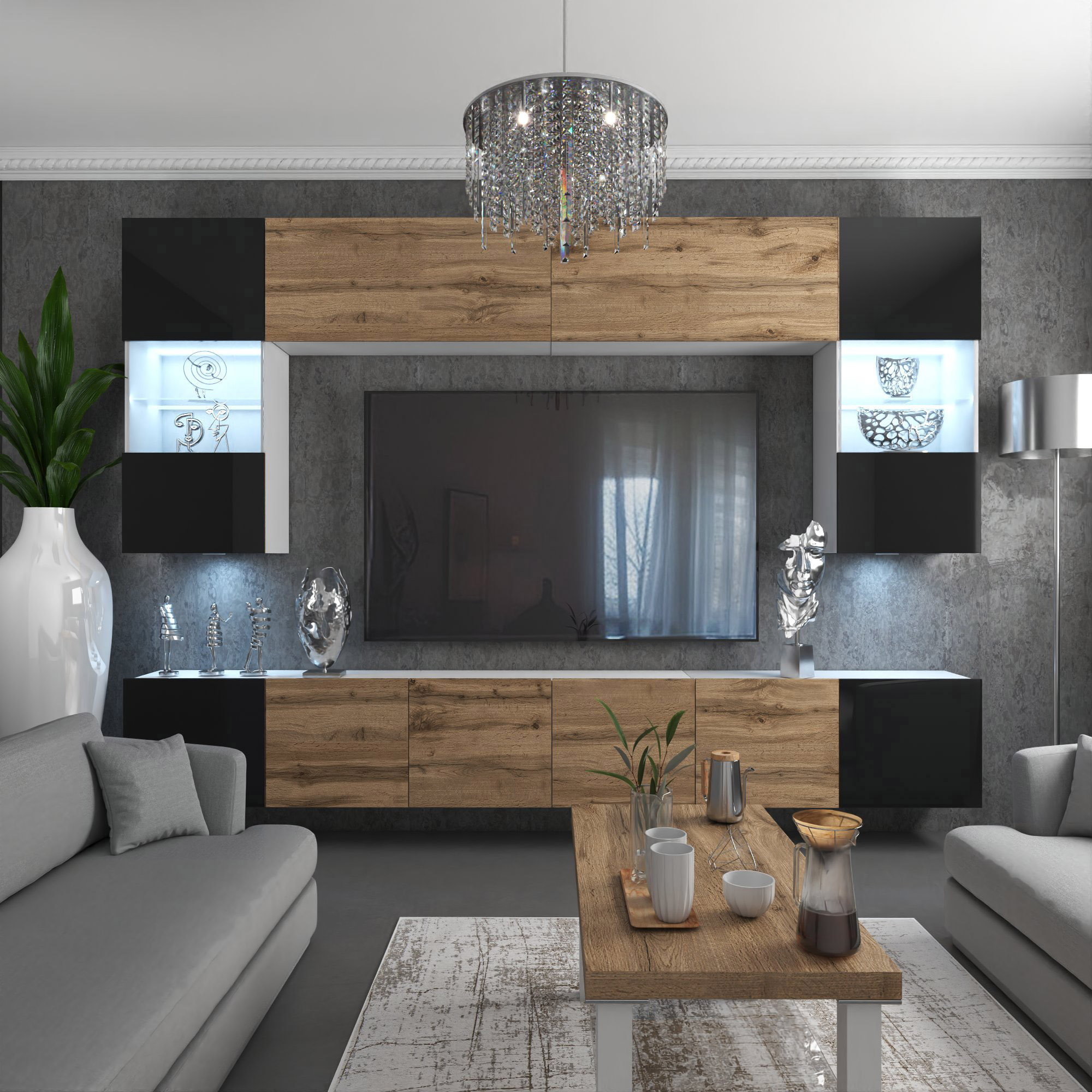 Salon avec mur de télévision et détails en bois