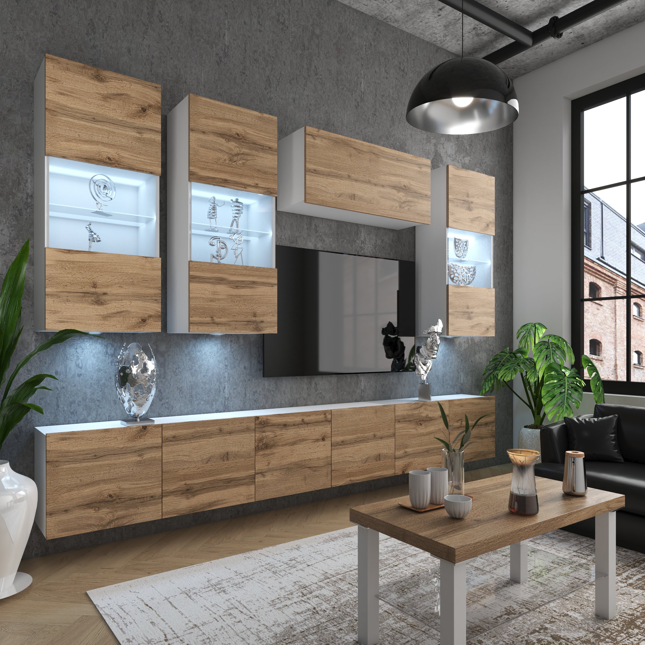 Salon avec meubles boisés et décorations élégantes
