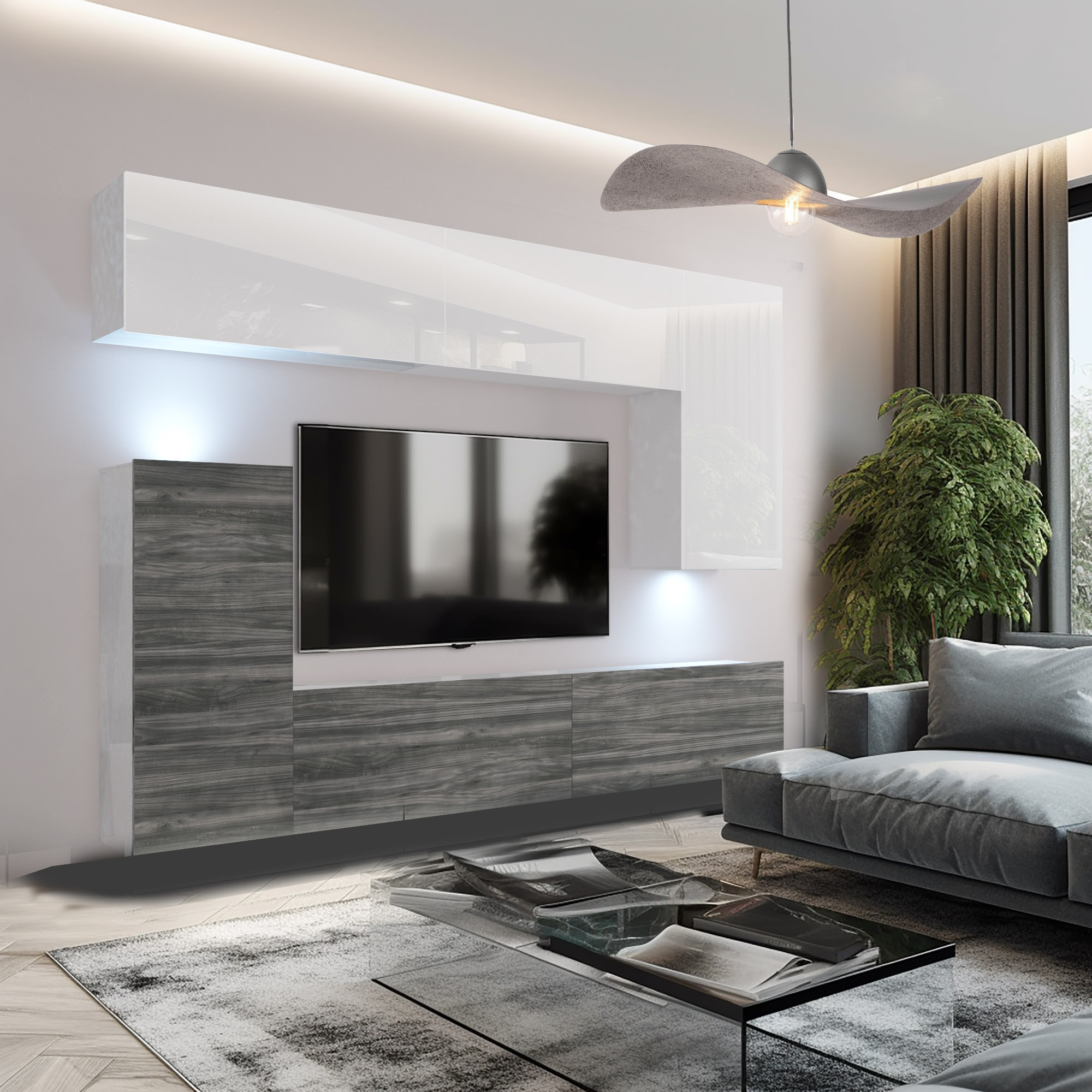 Mobilier gris et déco moderne dans un salon