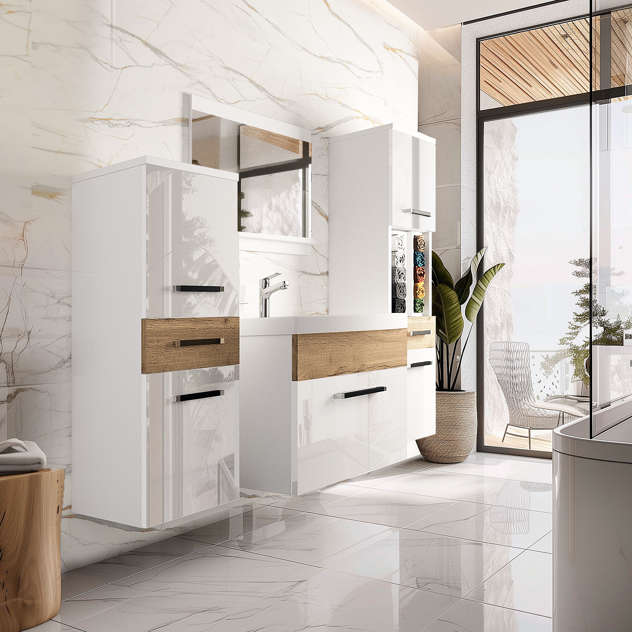 Salle de bain moderne avec meubles blancs et bois