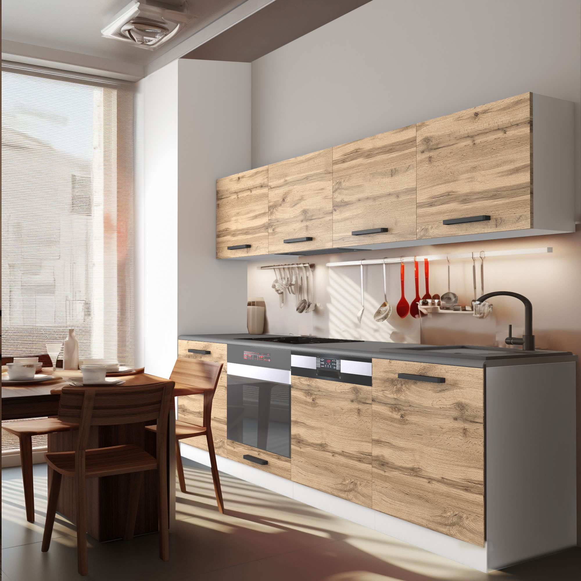 Cuisine avec meubles en bois et comptoir noir