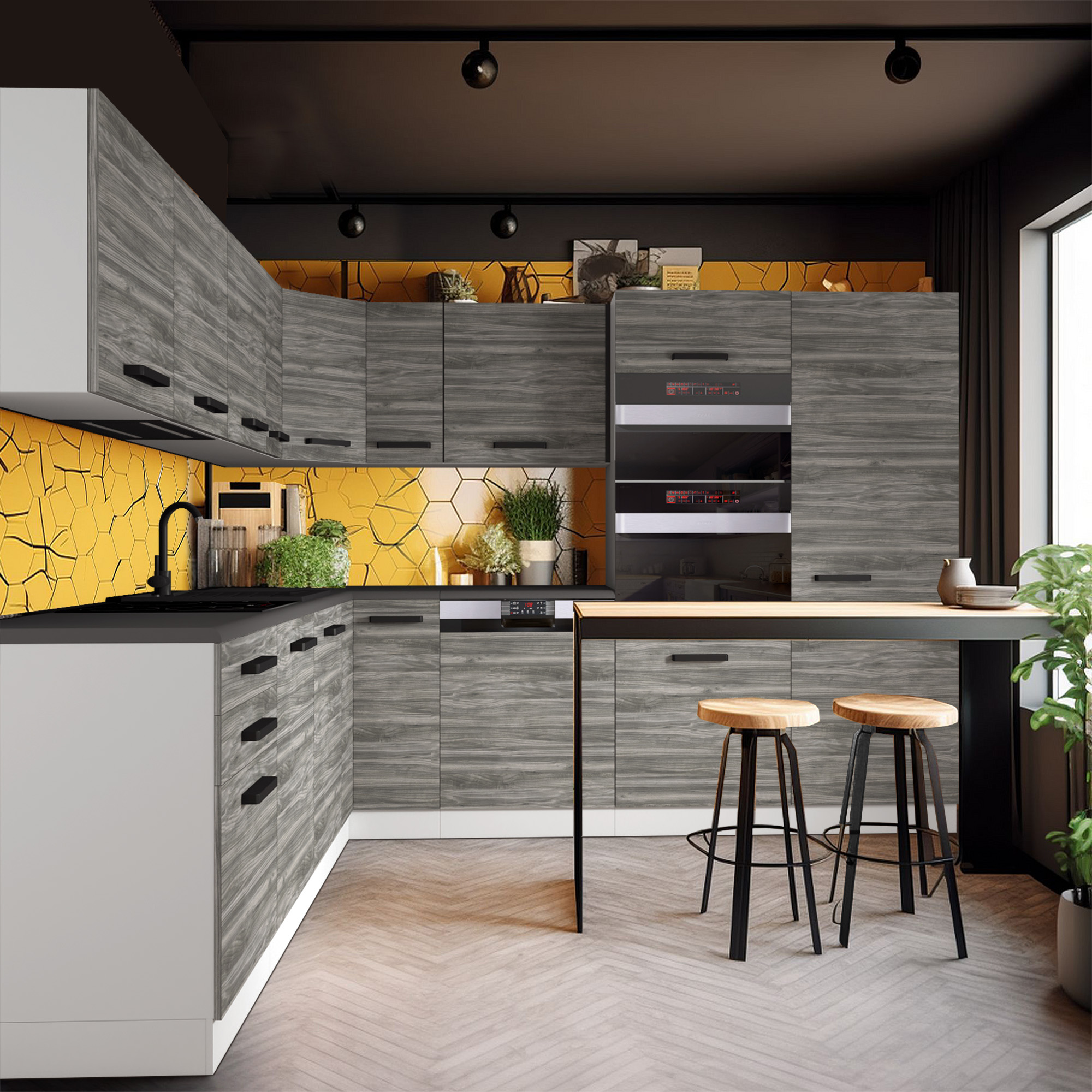 Vue d'une cuisine moderne avec bois et accents jaunes