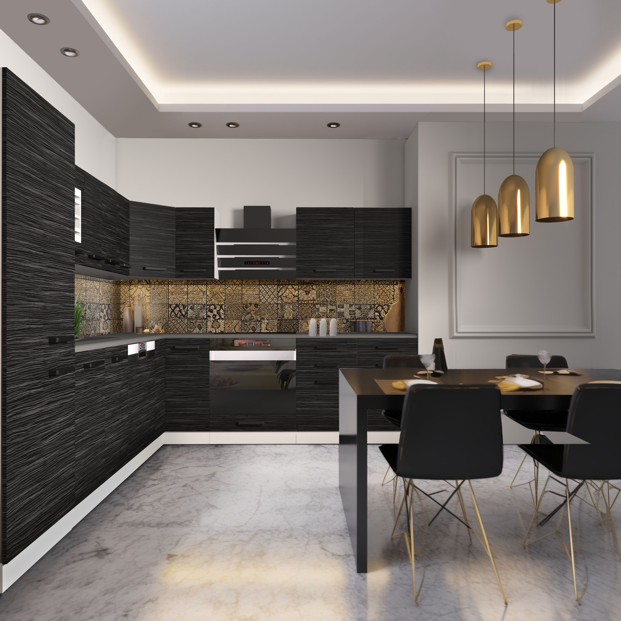 Cuisine noire avec accents dorés