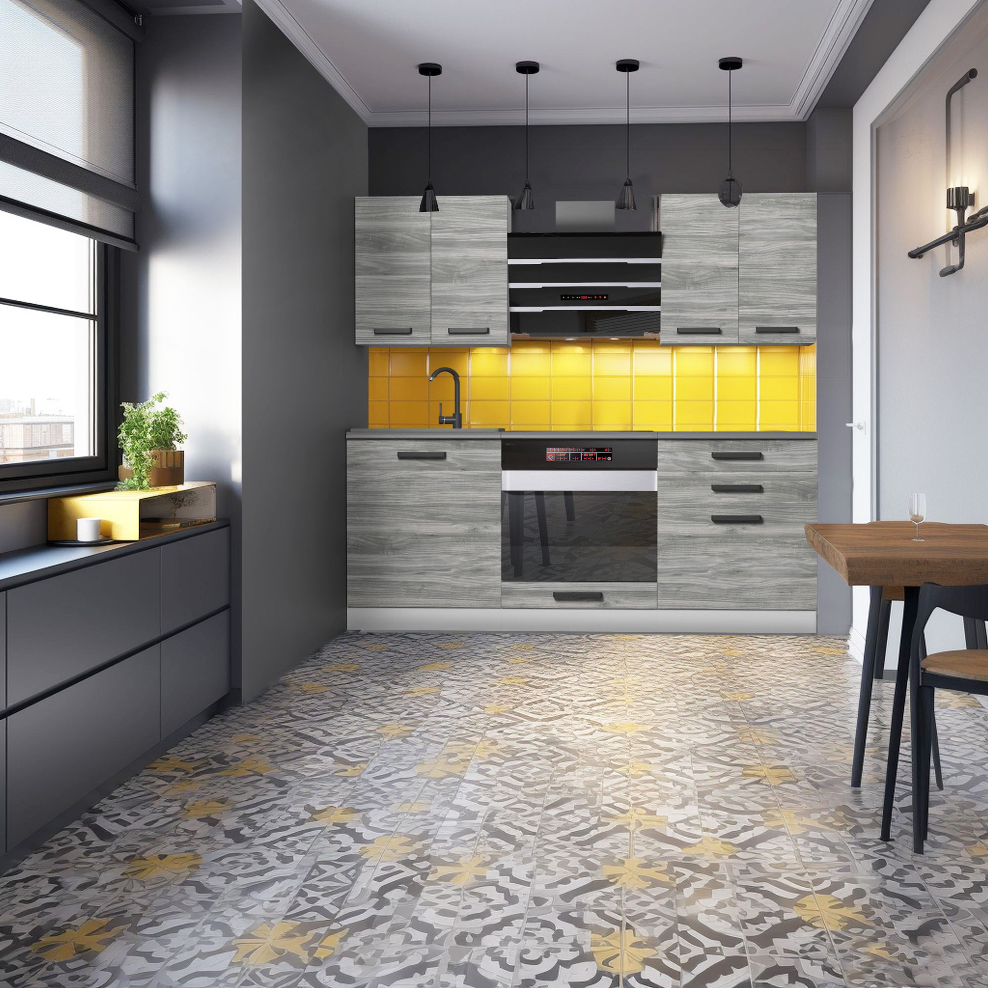 Cuisine grise avec carreaux jaunes vibrants