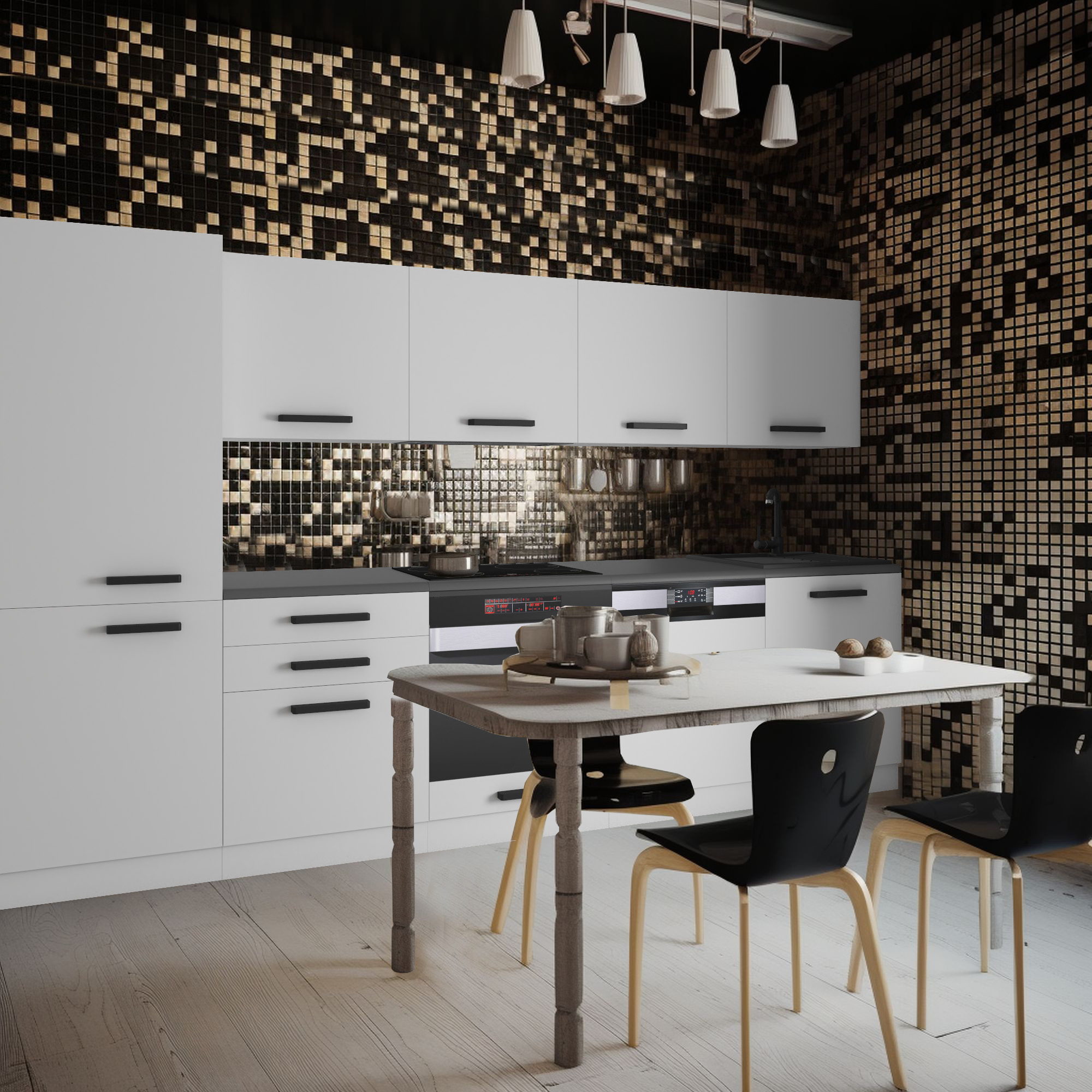 Cuisine avec mosaïque scintillante et mobilier blanc