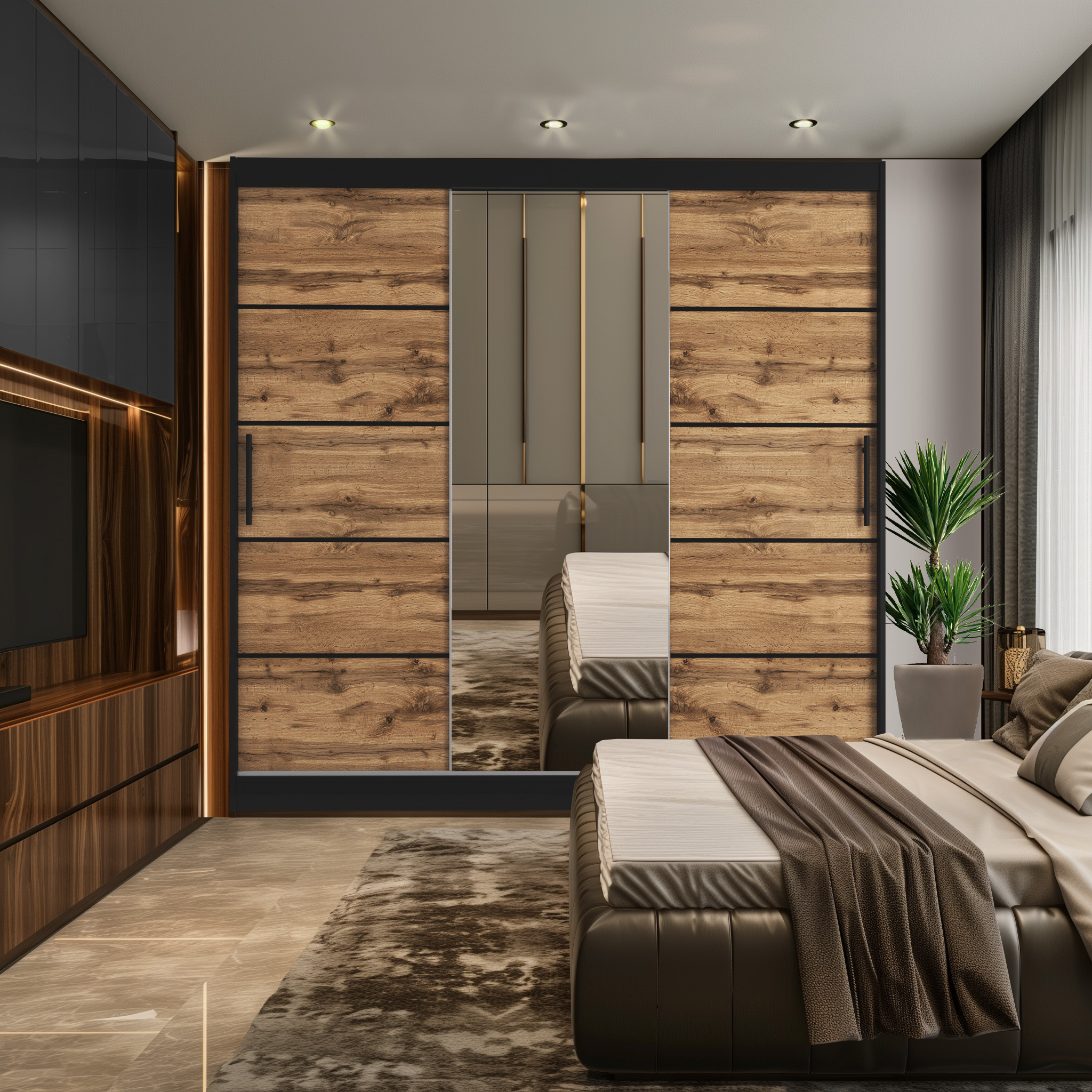 Chambre avec armoire en bois et miroir