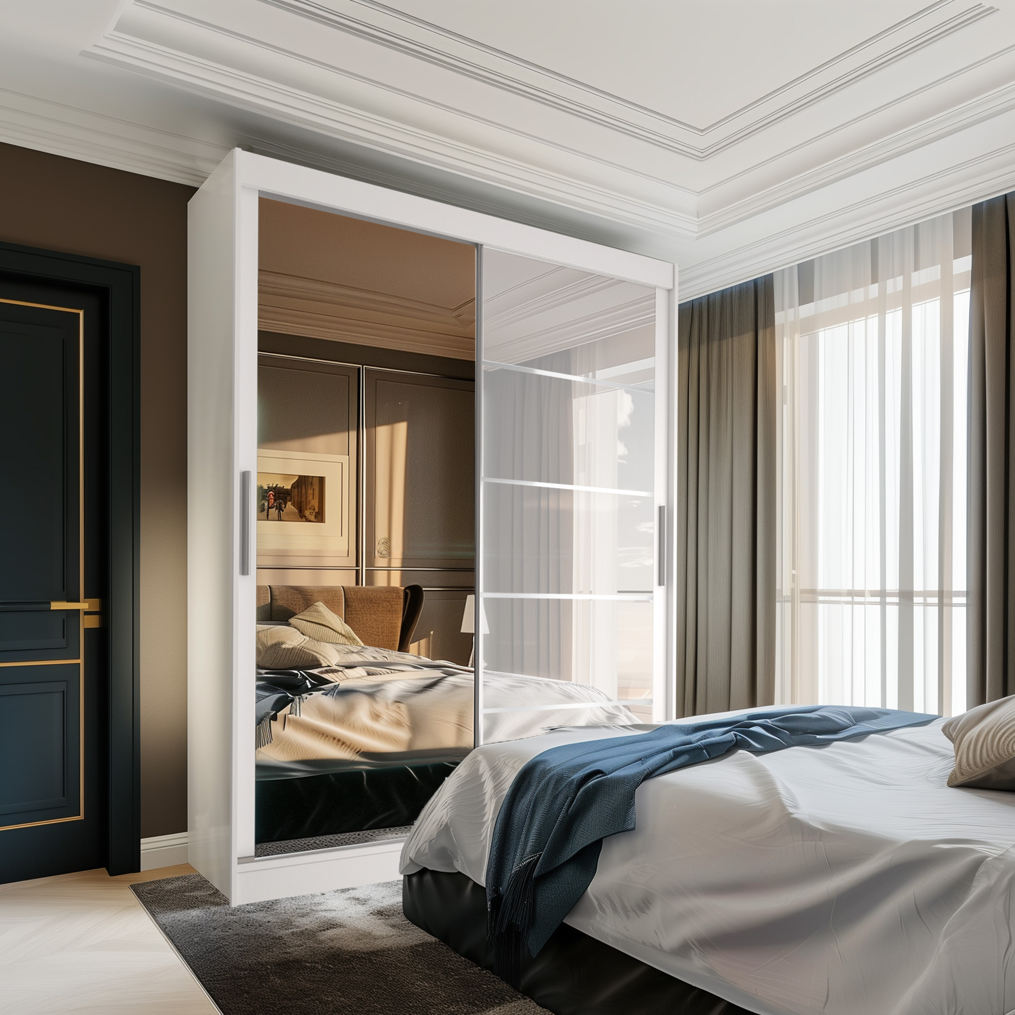 Chambre avec armoire miroir et textiles élégants