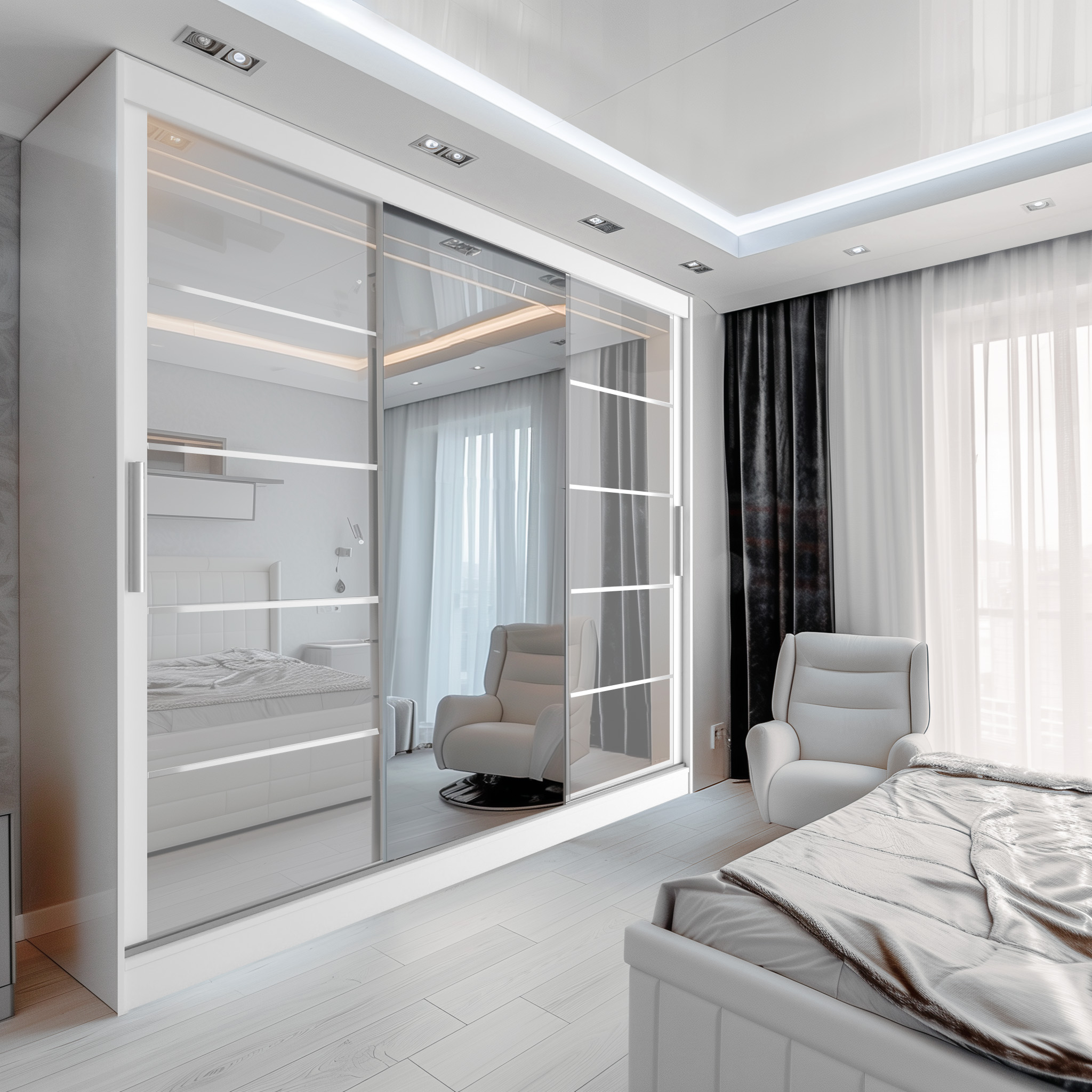 Chambre avec placard miroir et lit confortable