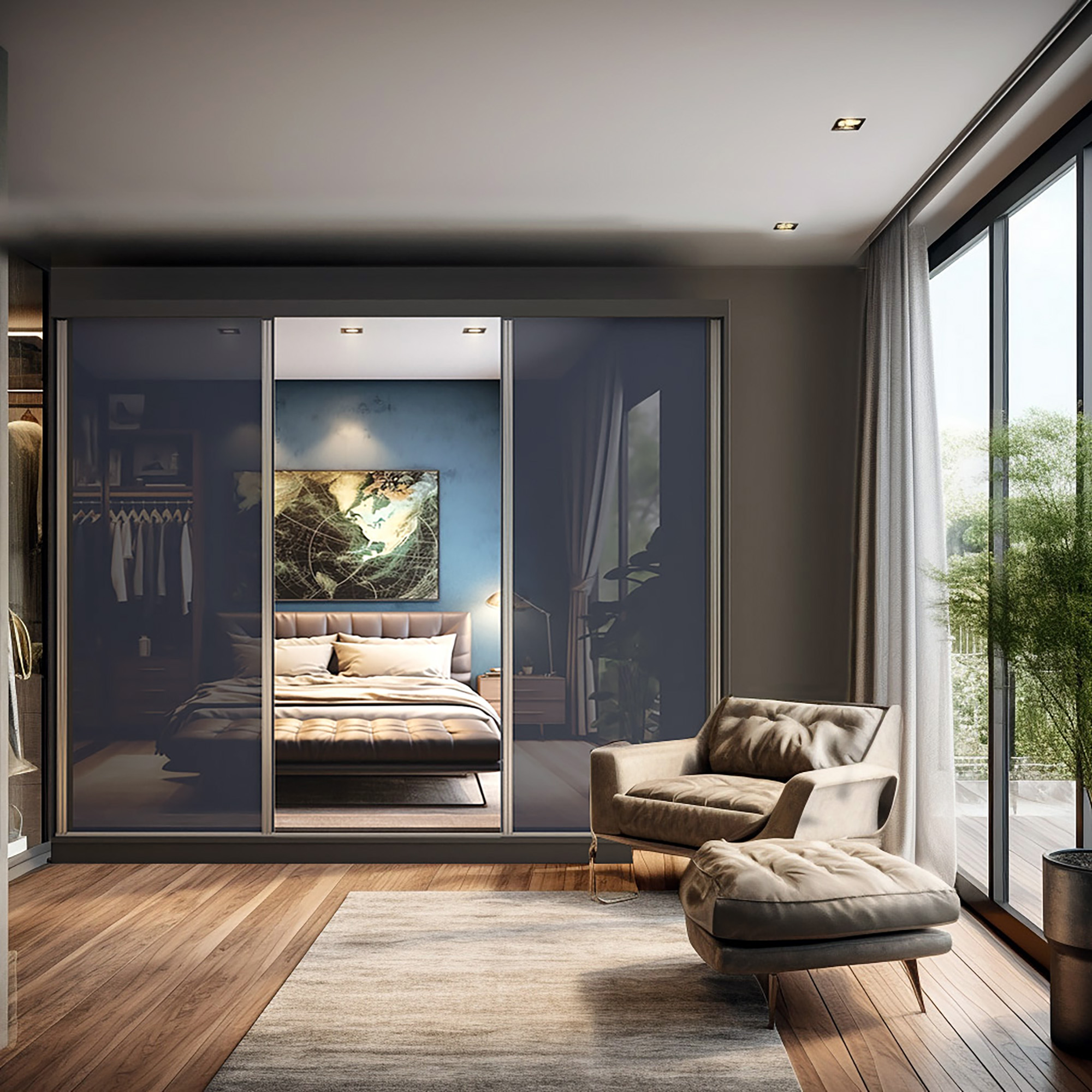 Chambre paisible avec meubles modernes et lumière naturelle