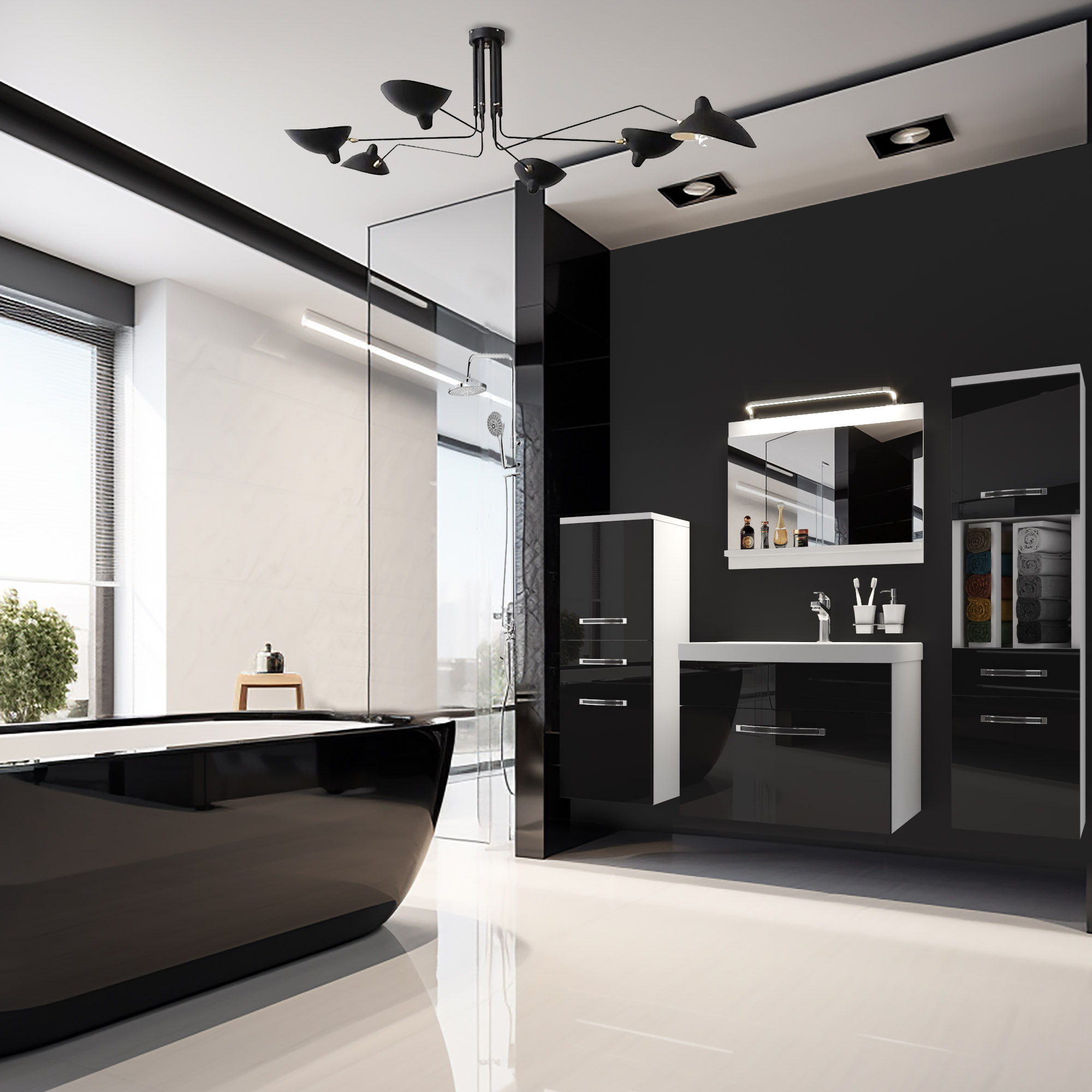 Salle de bain élégante avec meubles noirs et baignoire
