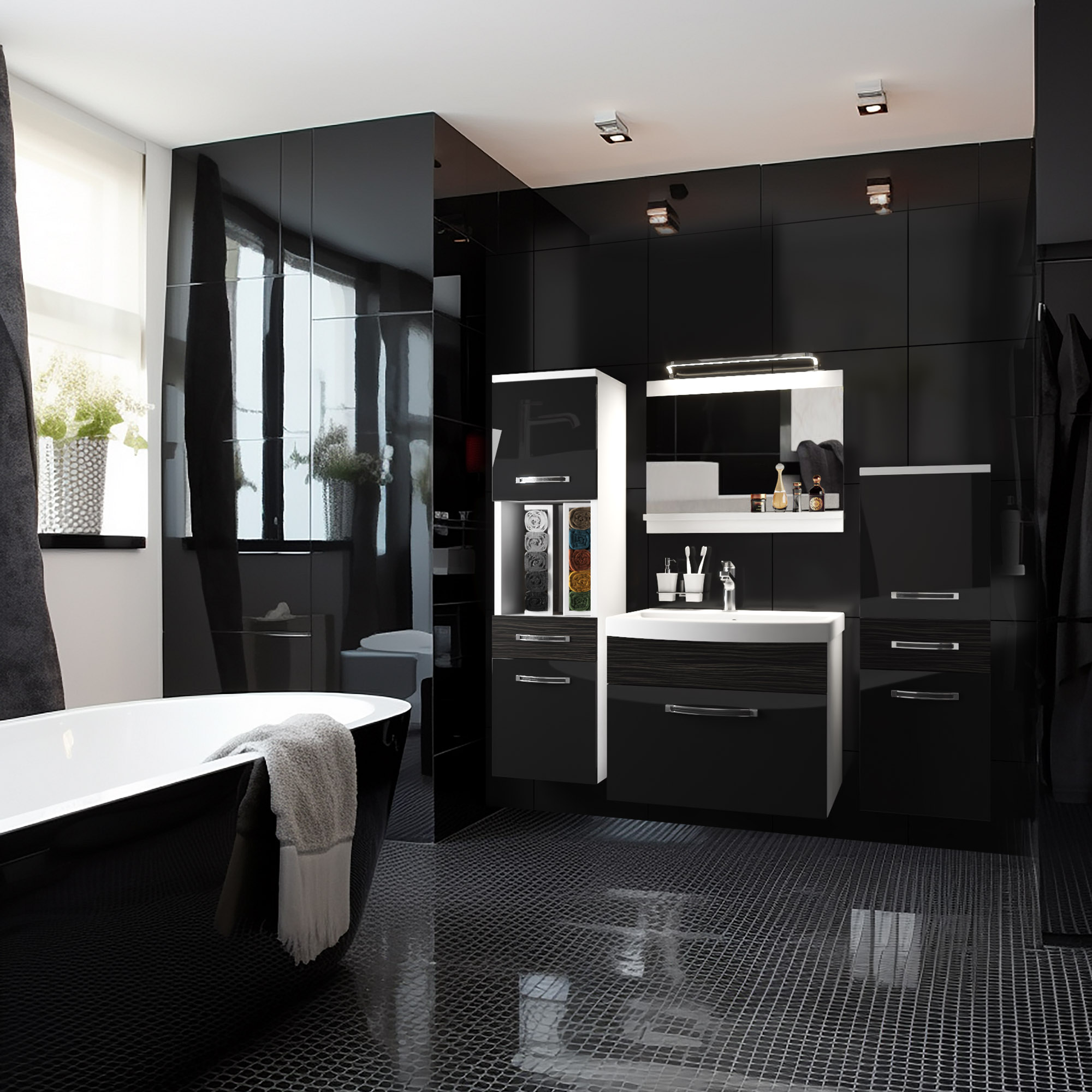 Salle de bain avec armoires en miroir et finitions chromées
