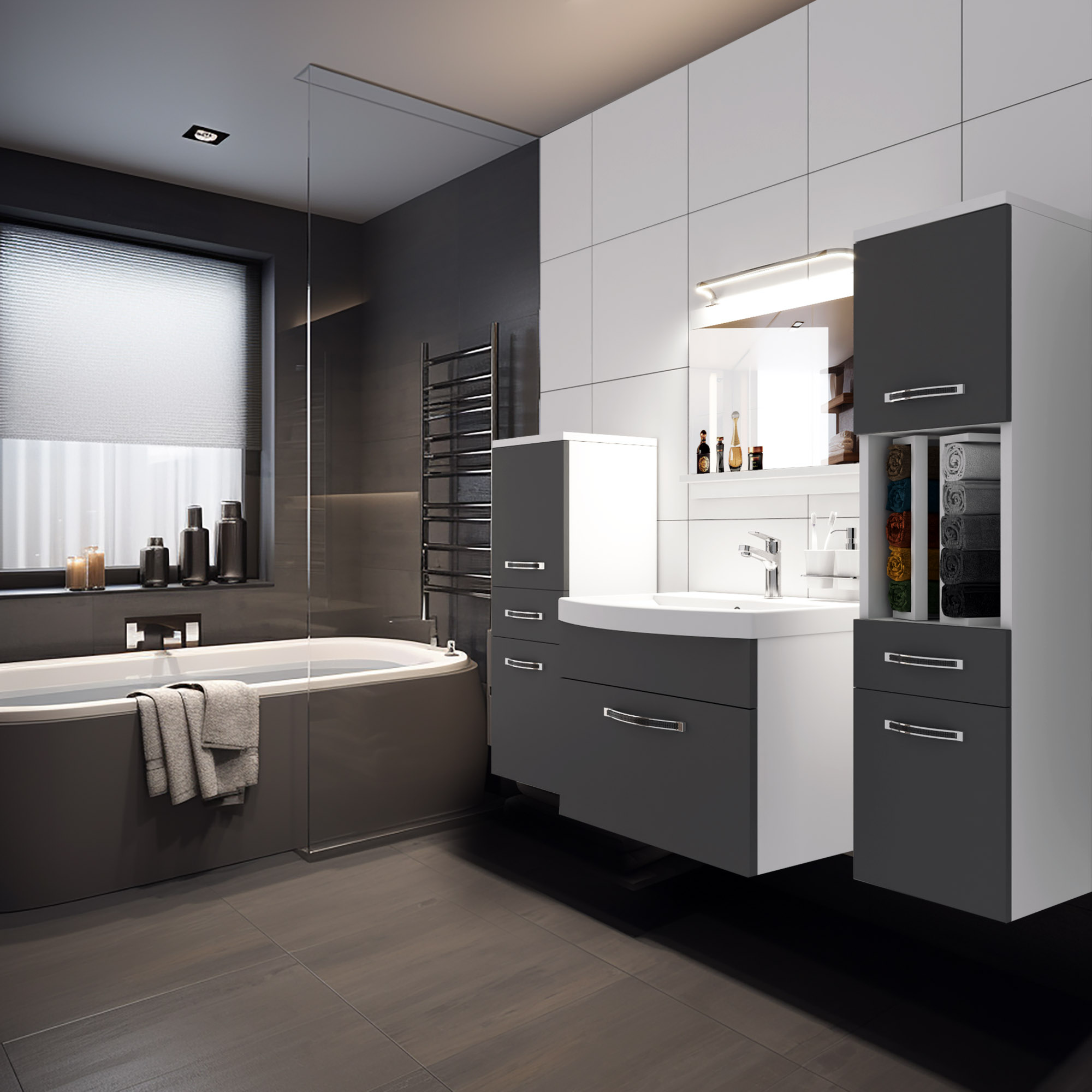 Salle de bain moderne avec baignoire et rangement