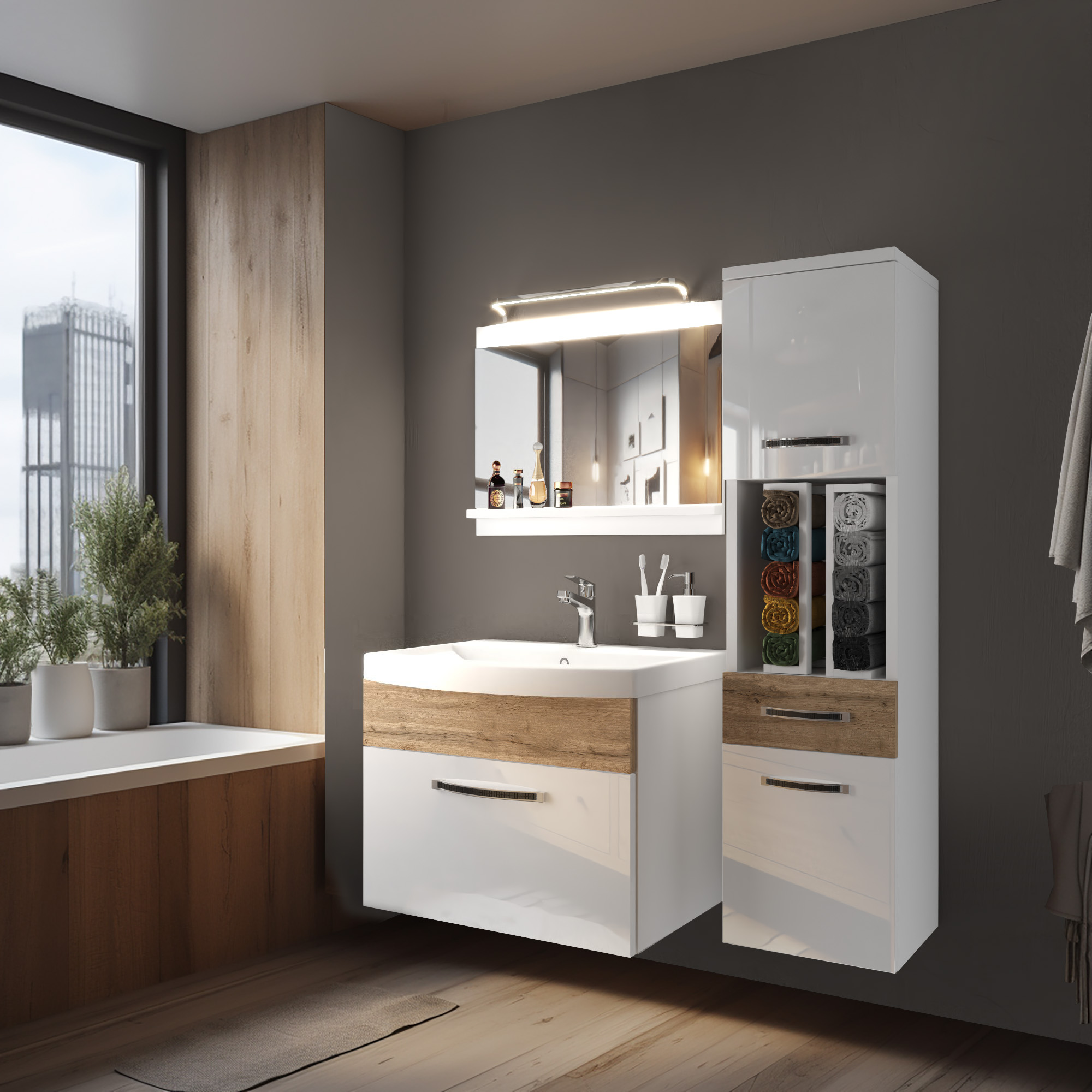Salle de bain moderne avec meuble en bois et blanc