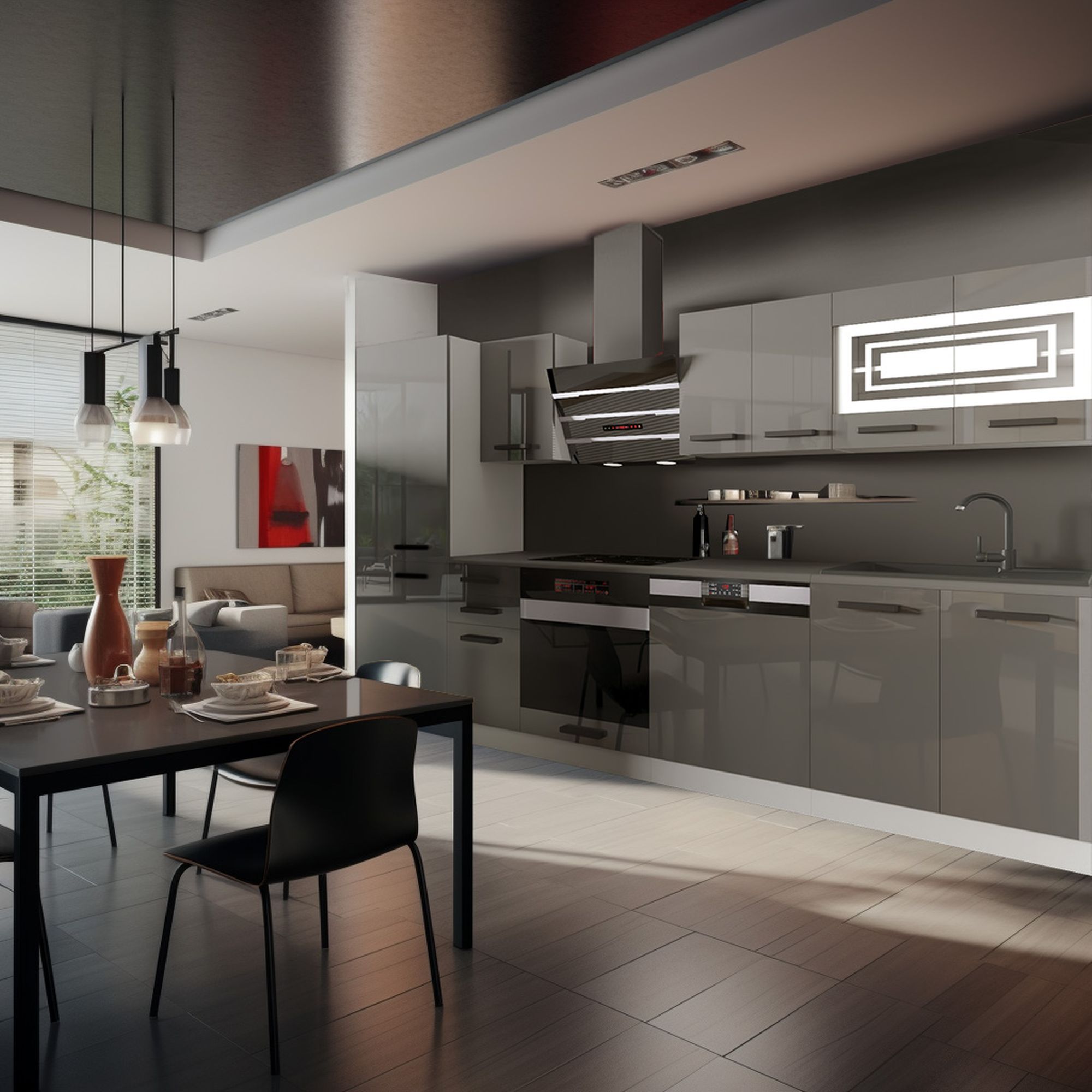 Cuisine moderne avec table et chaises noires