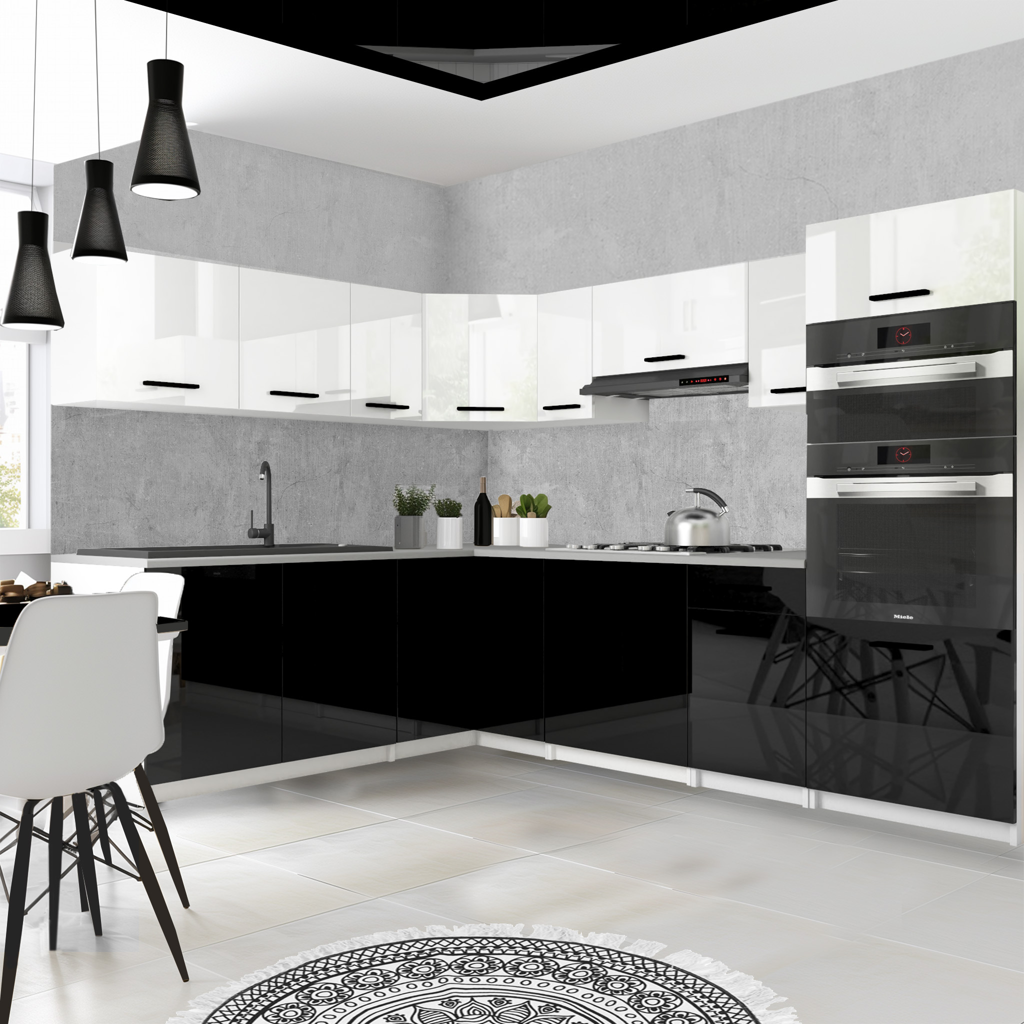 Cuisine avec armoires noires et blanches