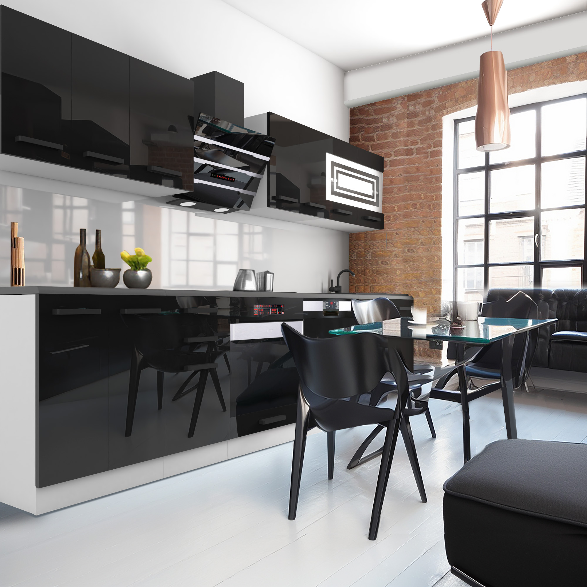 Cuisine industrielle avec meubles noirs brillants