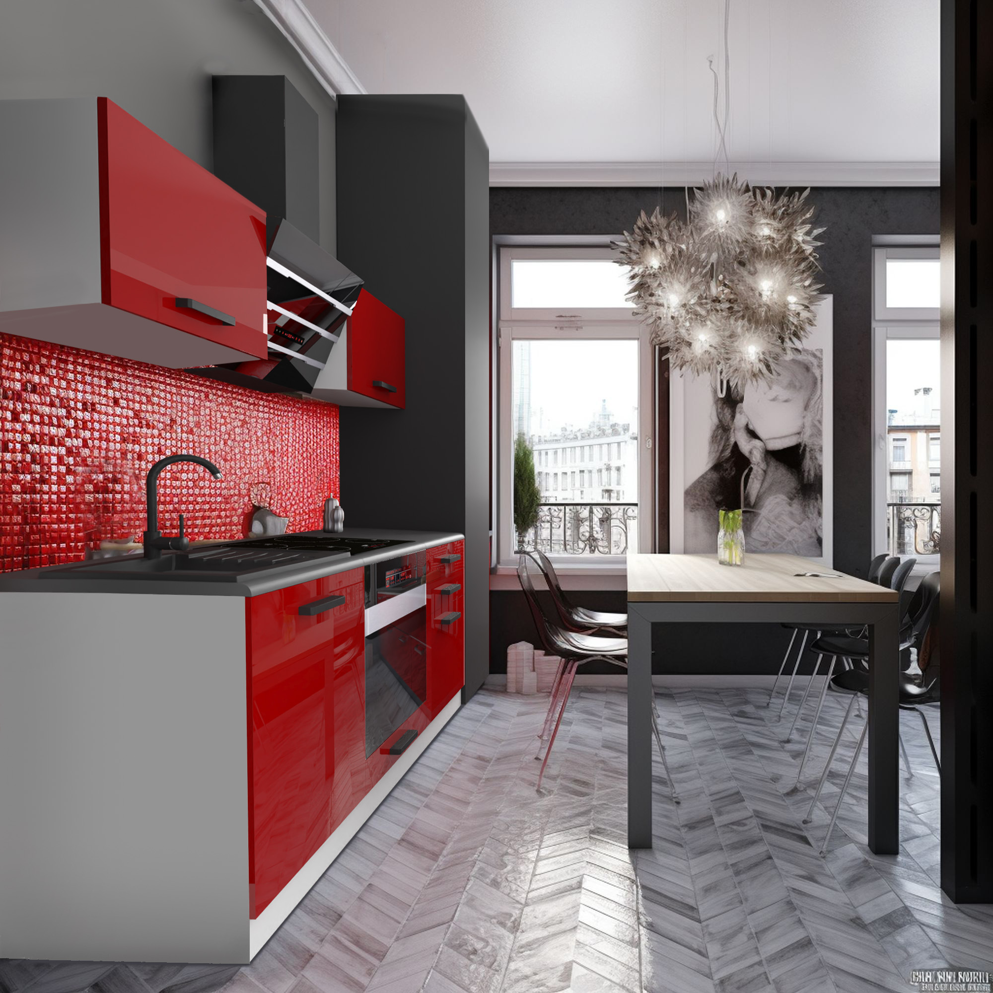 Cuisine avec armoires rouges et mosaïque