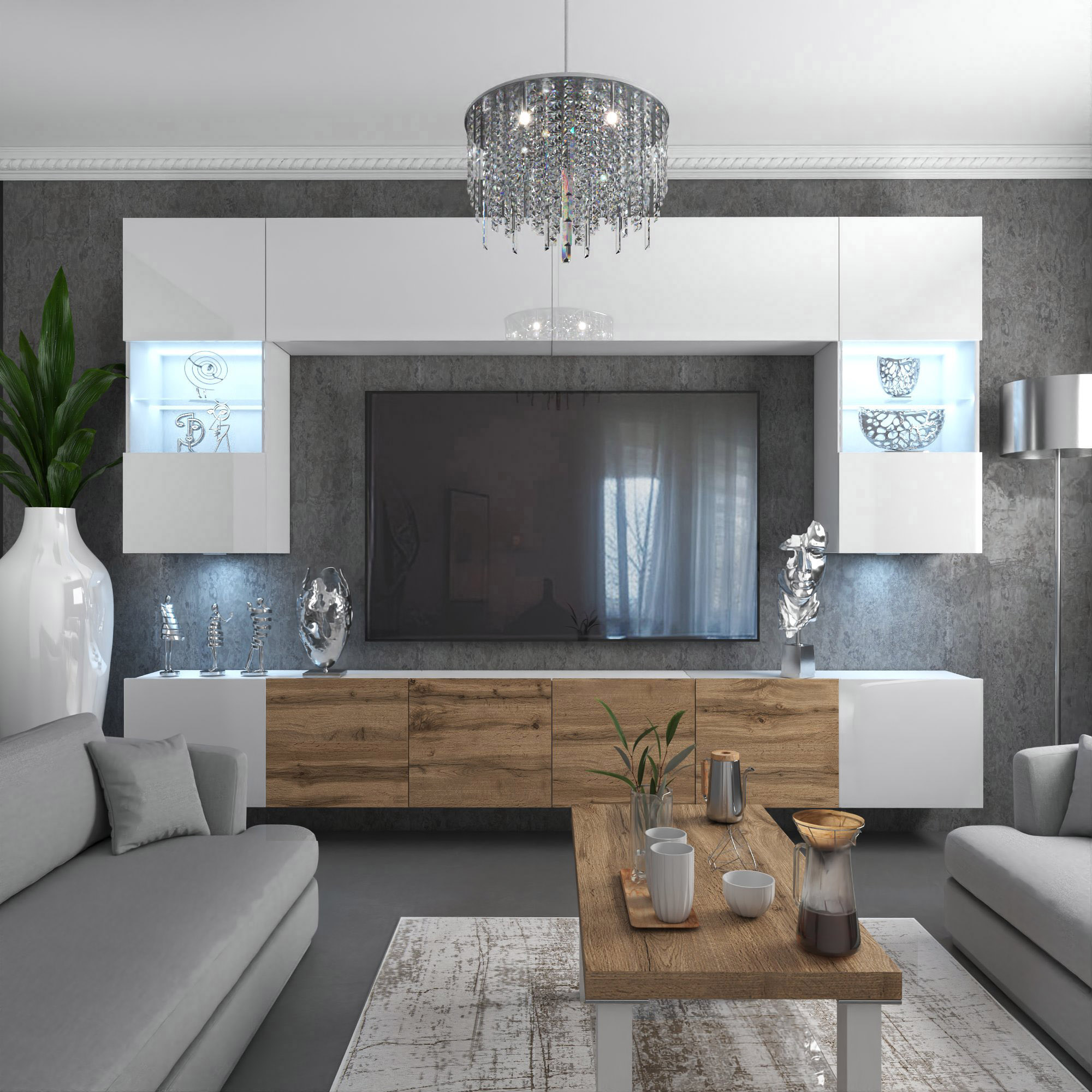 Salon avec meubles boisés et éclairage moderne