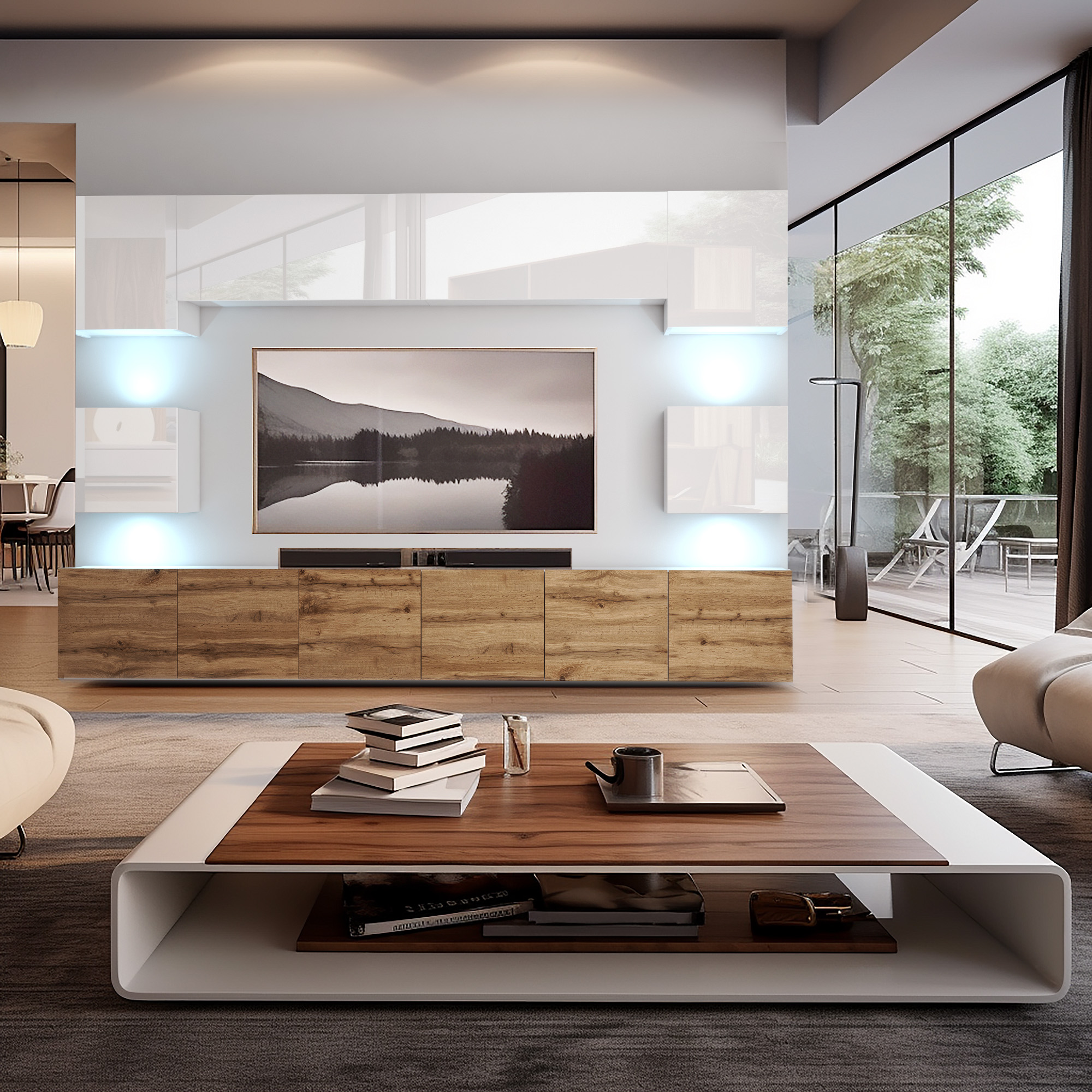 Salon avec table basse en bois et buffet moderne