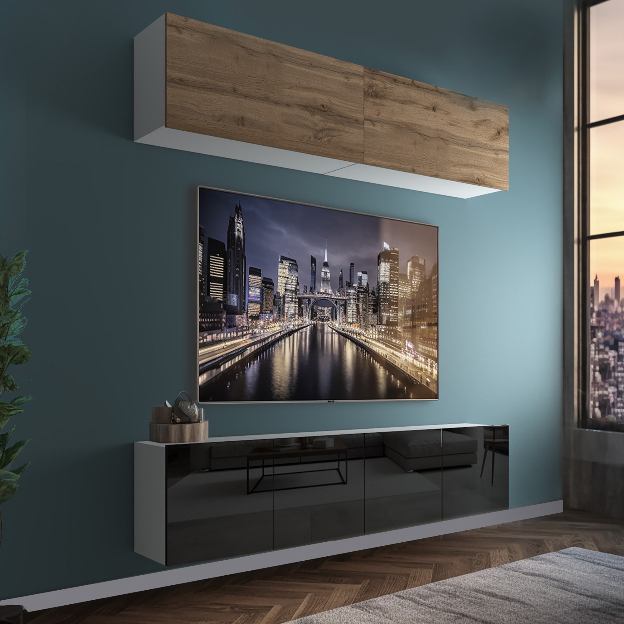 Salon avec meuble moderne en bois et vue urbaine