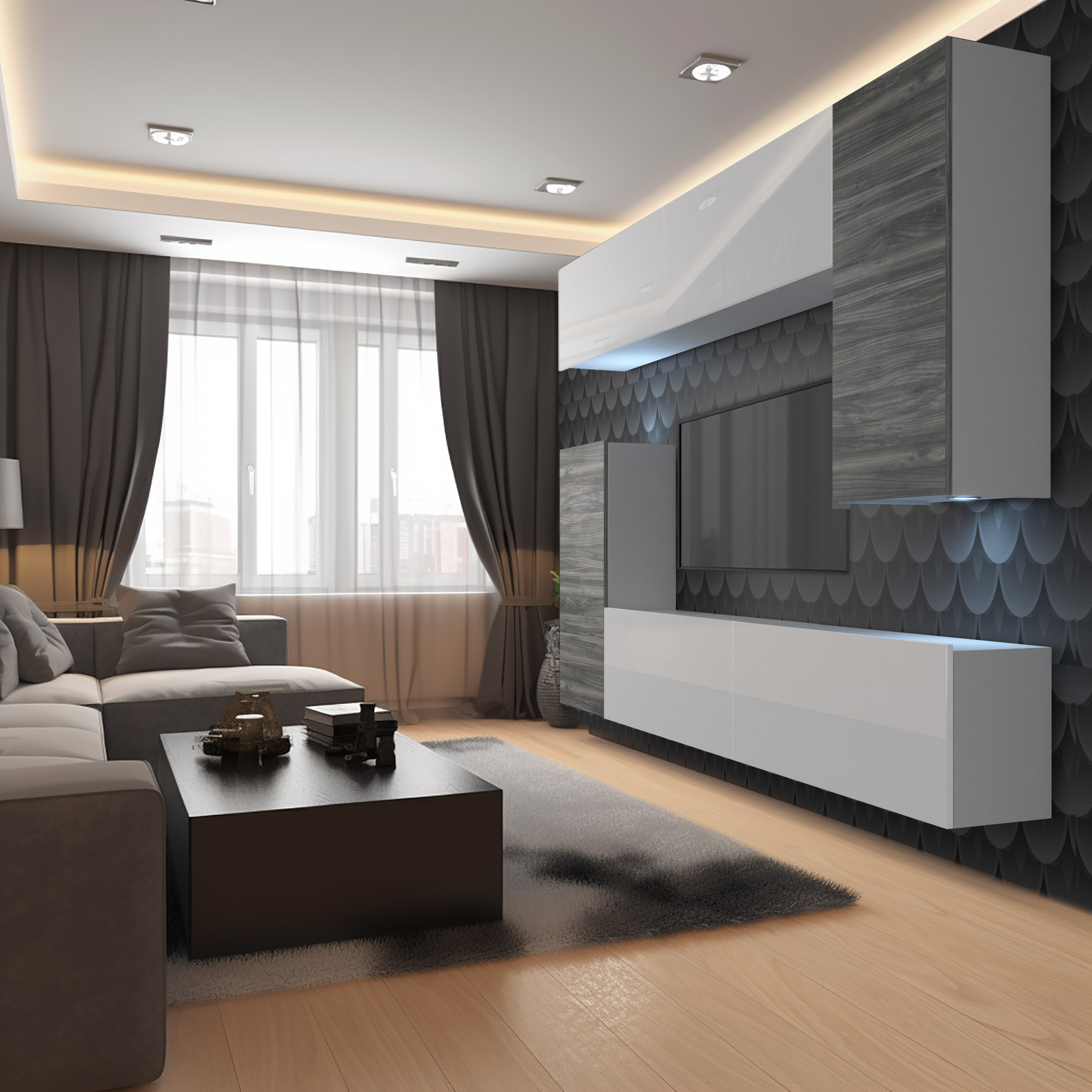 Salon avec mur texturé et mobilier minimaliste