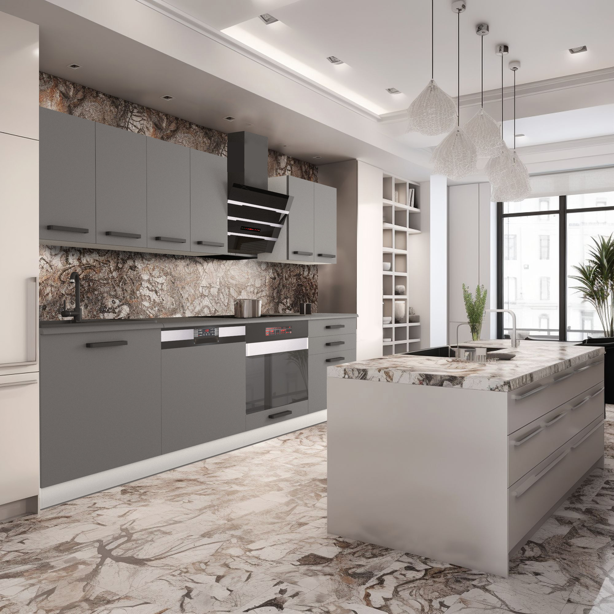 Cuisine moderne avec îlot central en pierre