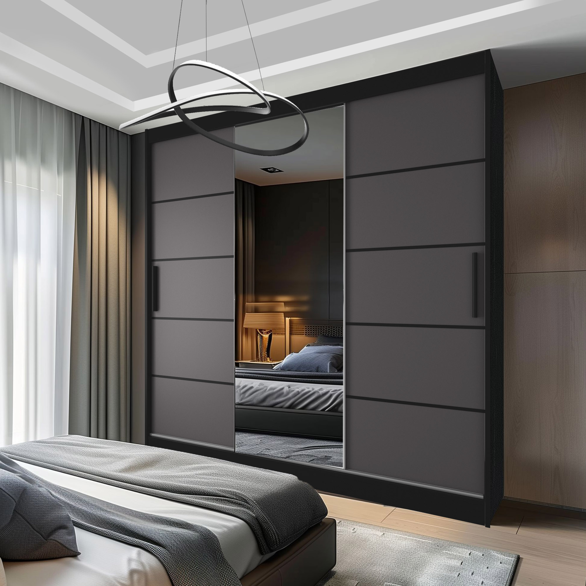 Chambre avec armoire à miroir et lit confort