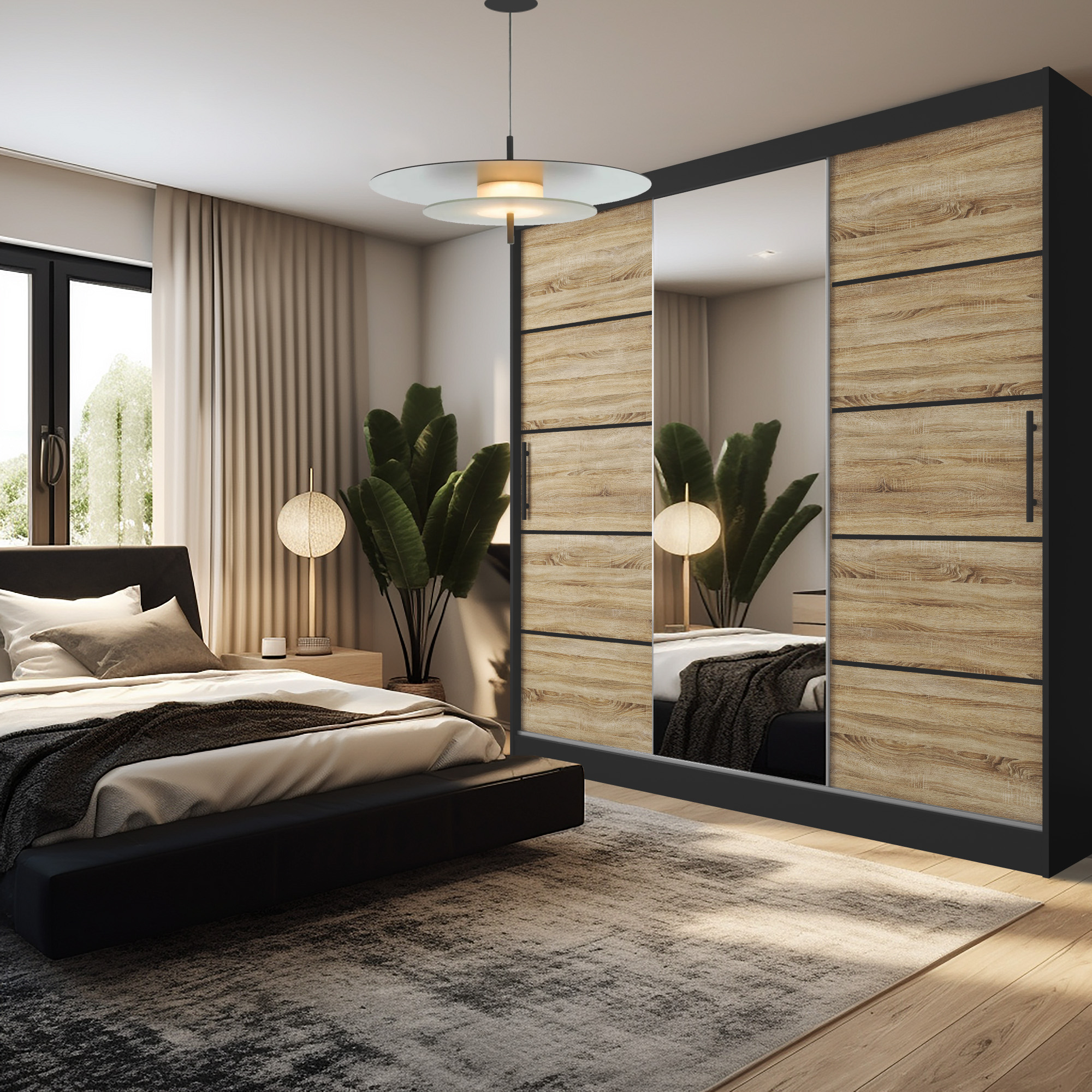 Chambre avec armoire en bois et lit confortable