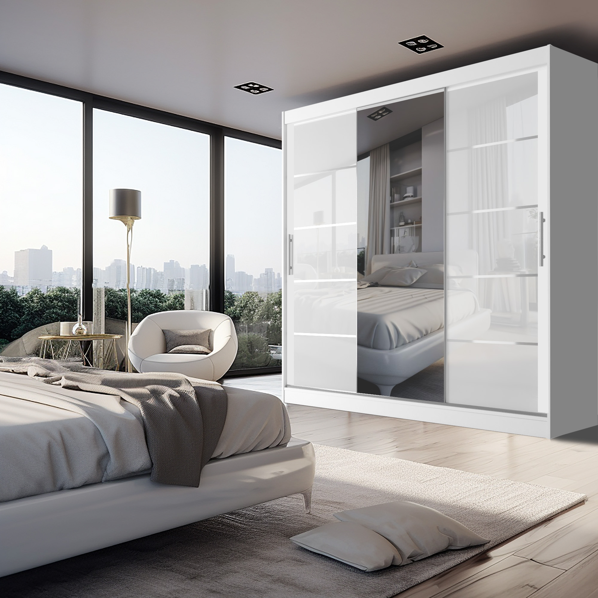 Chambre spacieuse avec des meubles blancs et vue urbaine