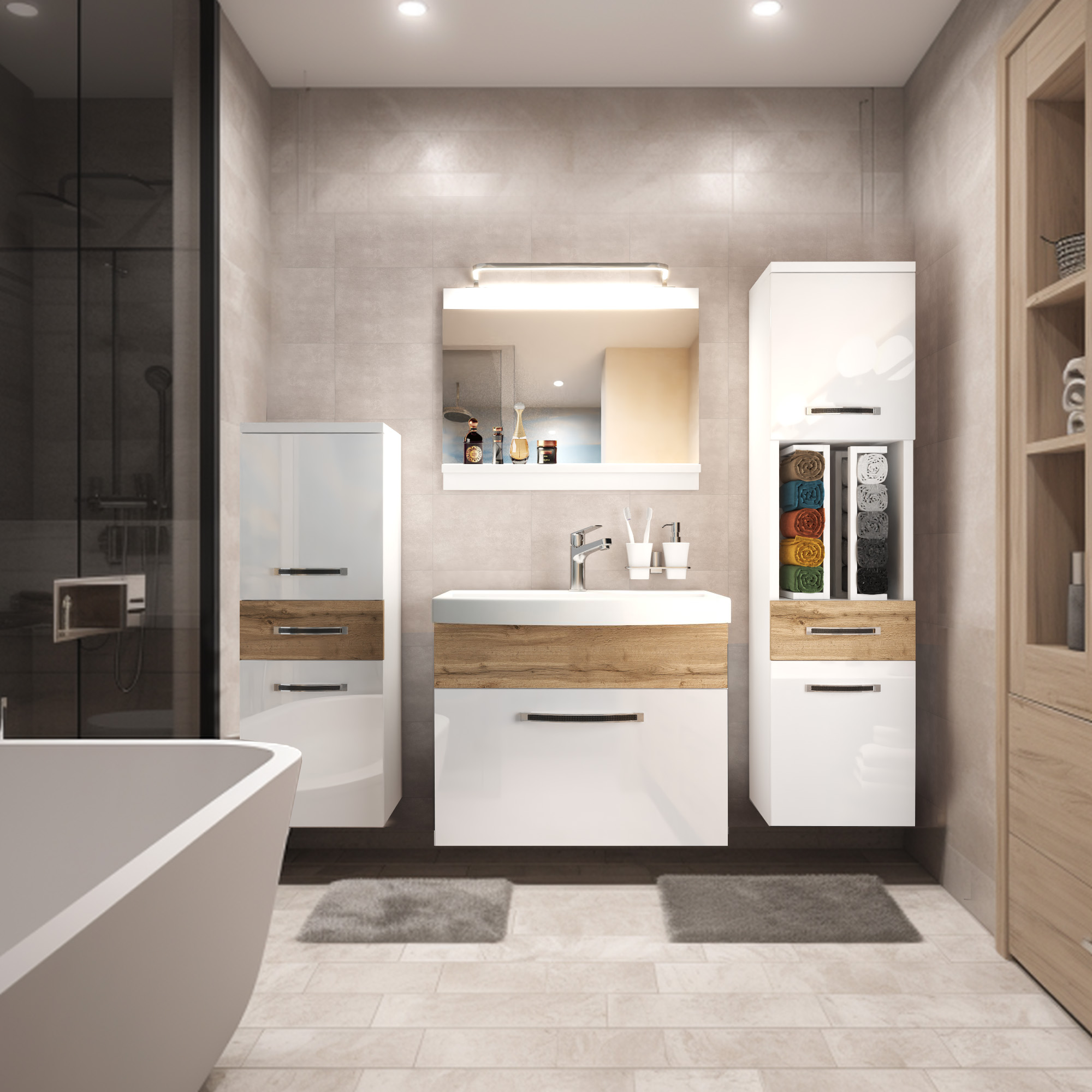 Salle de bain avec meubles en blanc et bois