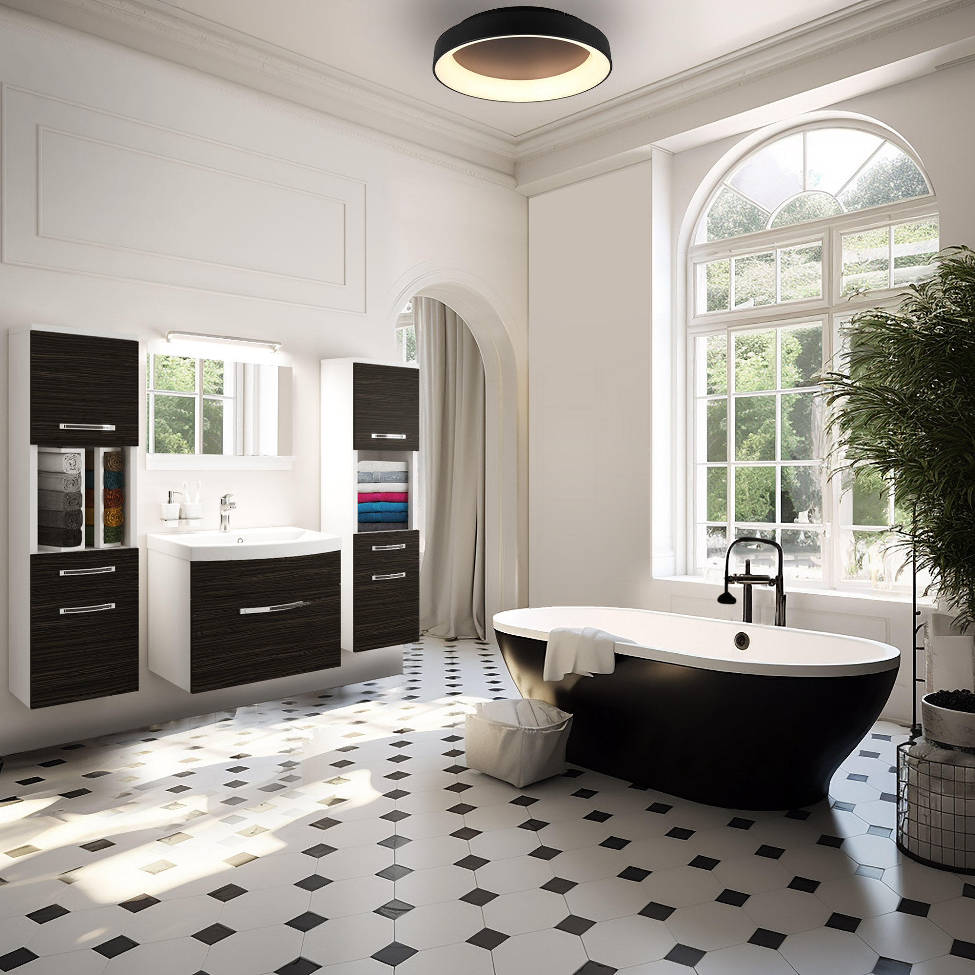 Salle de bain lumineuse avec baignoire noire