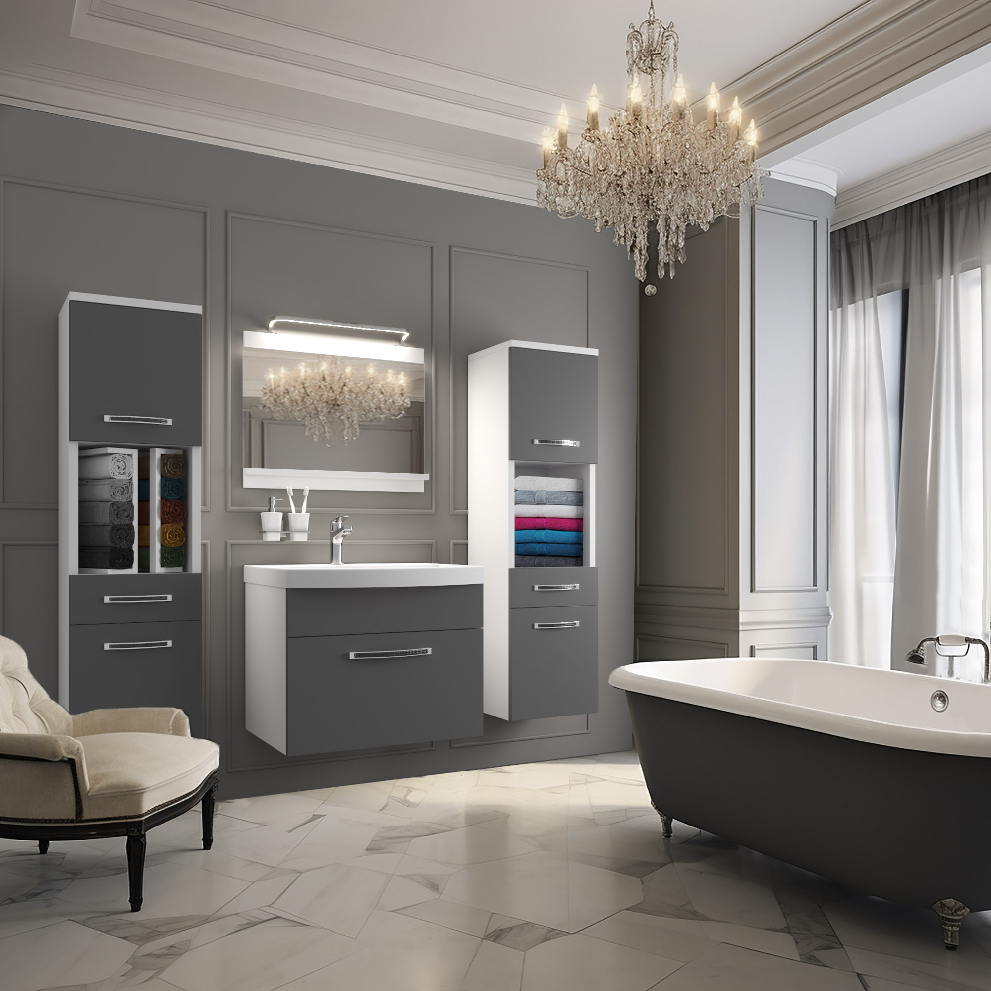 salle de bain avec lustre et meubles grises