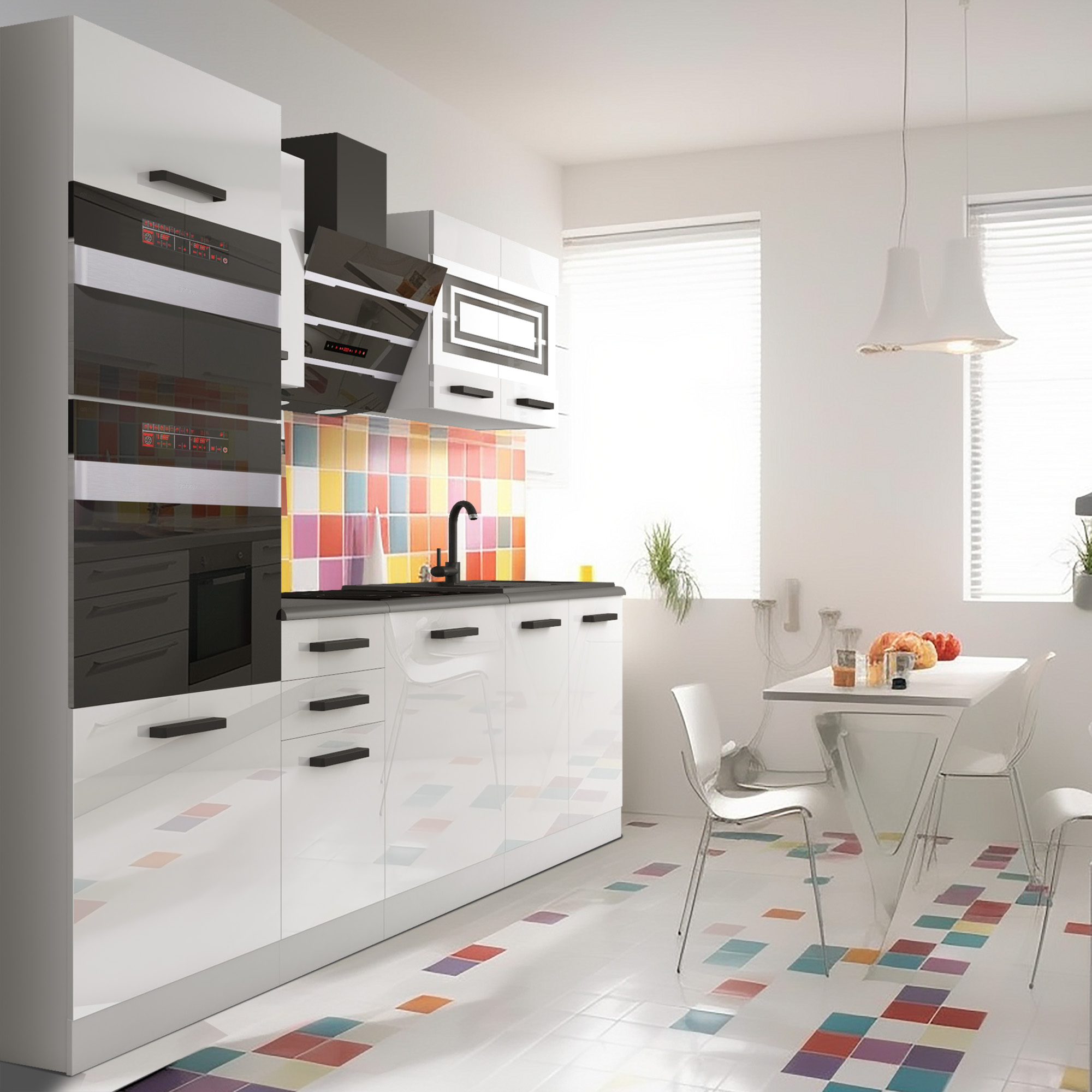 Cuisine lumineuse avec carrelage coloré