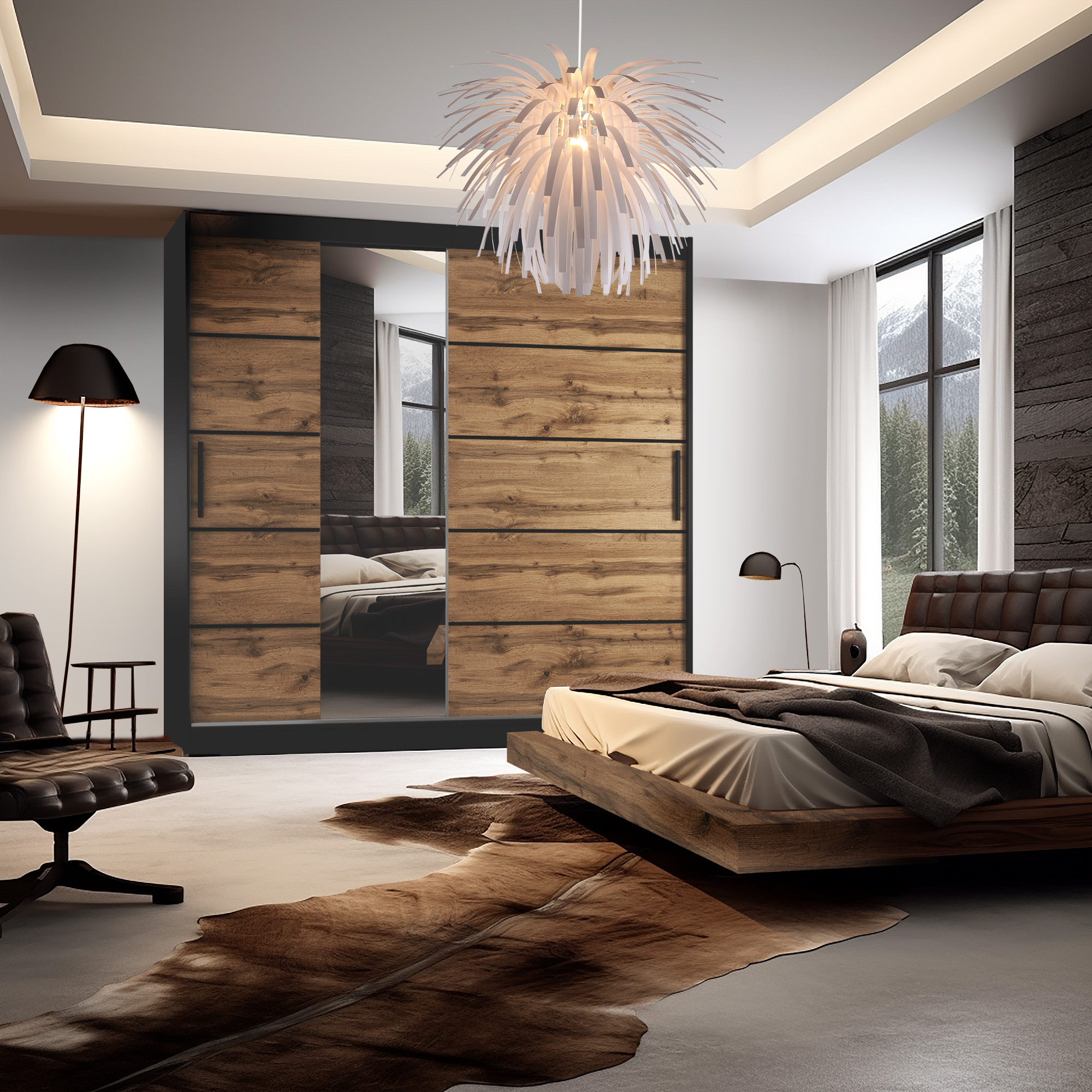 Chambre avec lit en bois et armoire rustique