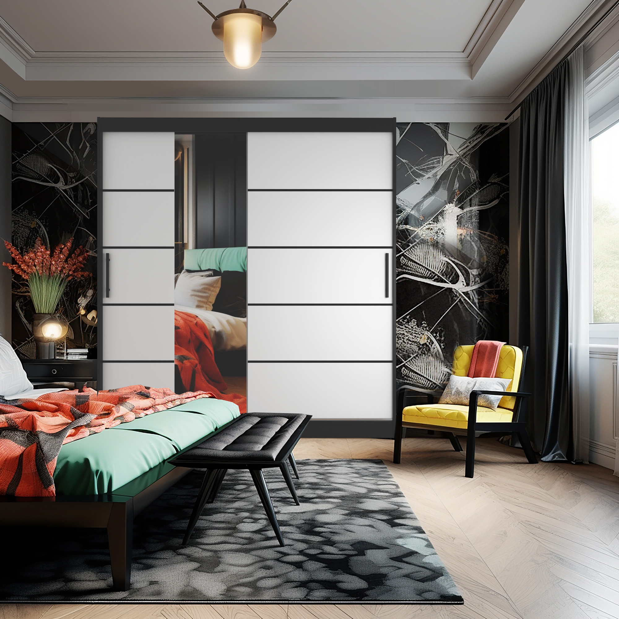 Chambre avec armoire coulissante et fauteuil lumineux