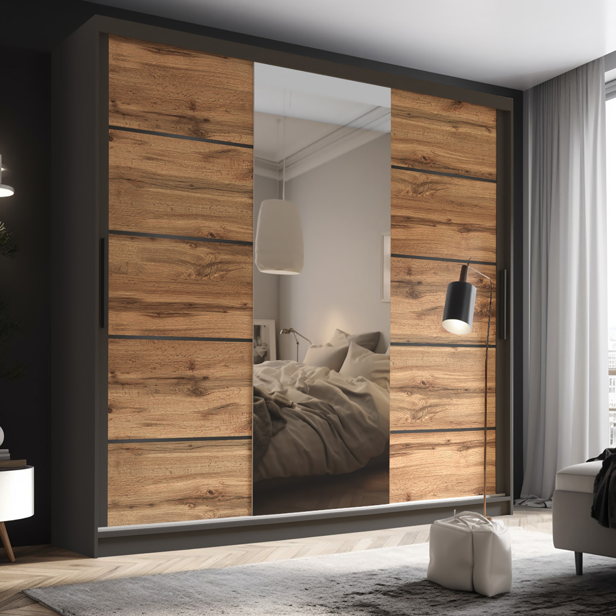 Armoire en bois avec miroir dans la chambre