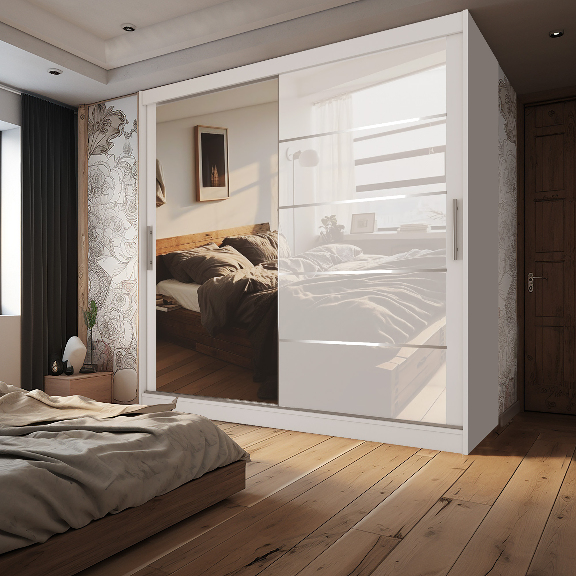 Chambre avec lit en bois et armoire miroité