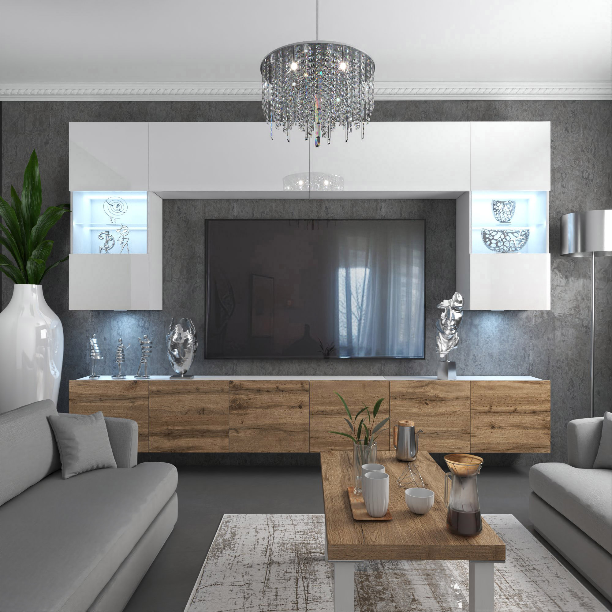 Salon élégant avec mobilier en bois et décoration chic