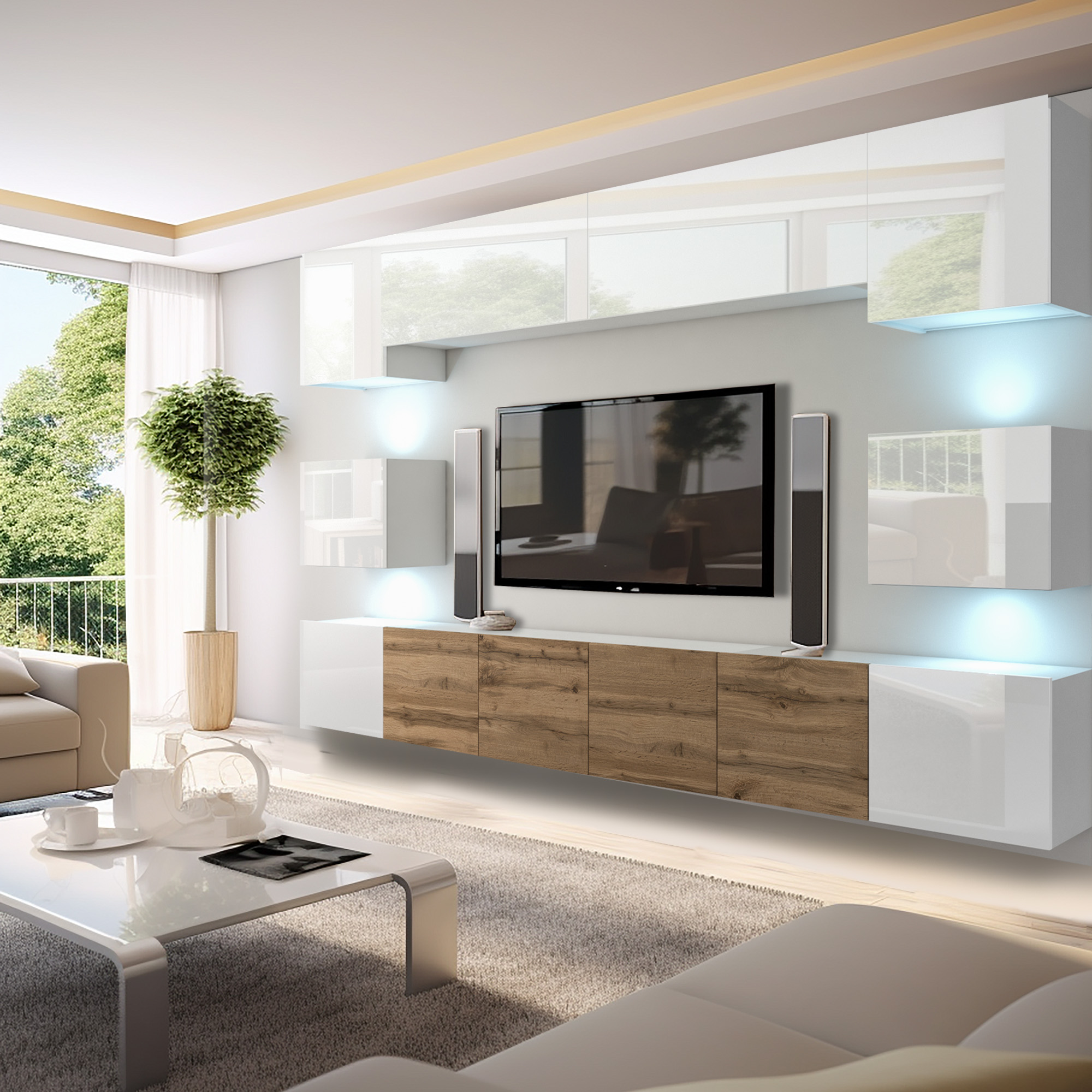 Salon lumineux avec meubles en bois et laqué blanc