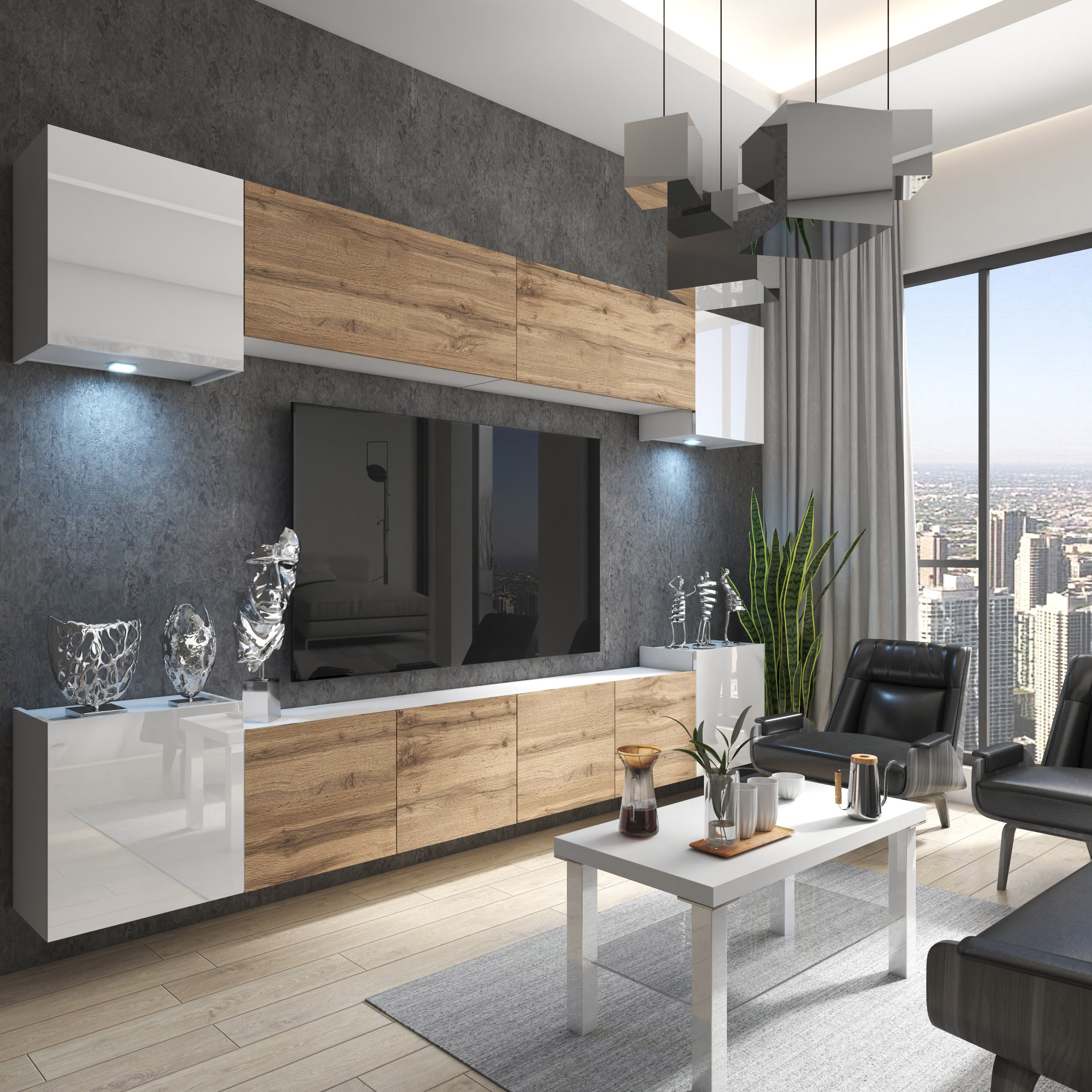 Salon avec meubles bois et mur béton industriel