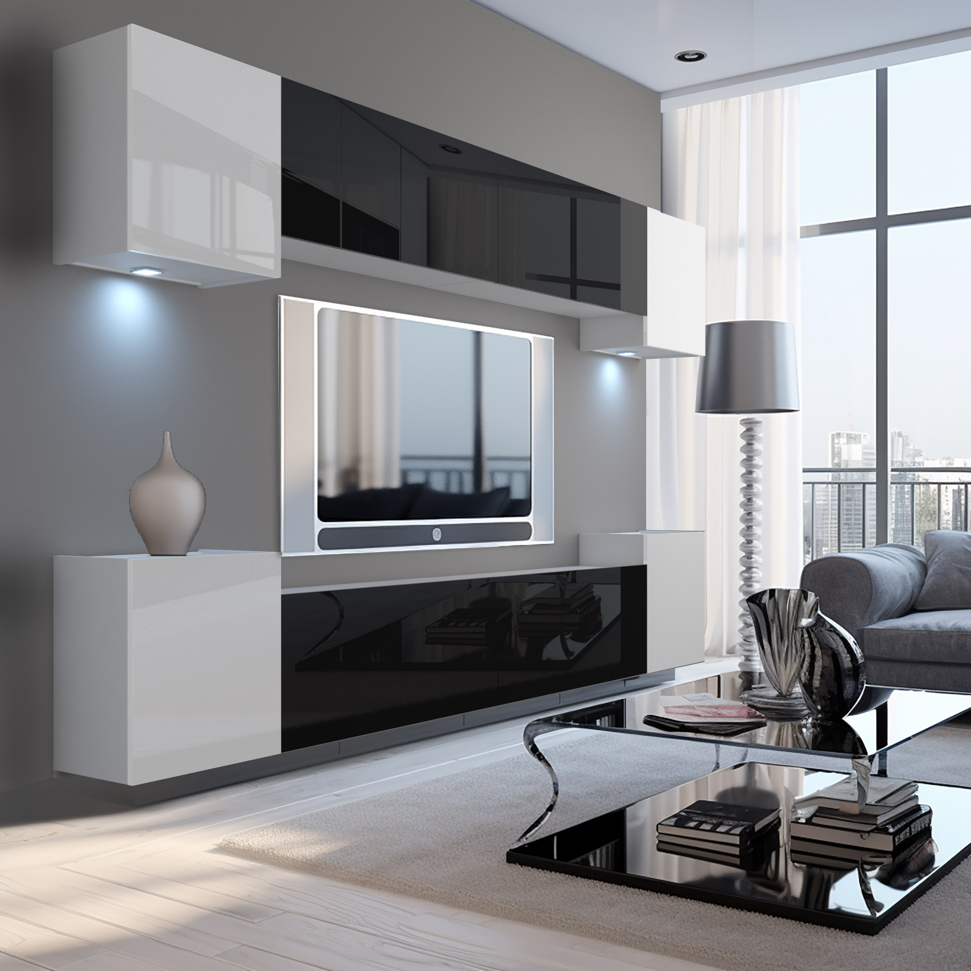 Mur TV noir et blanc avec décoration de salon