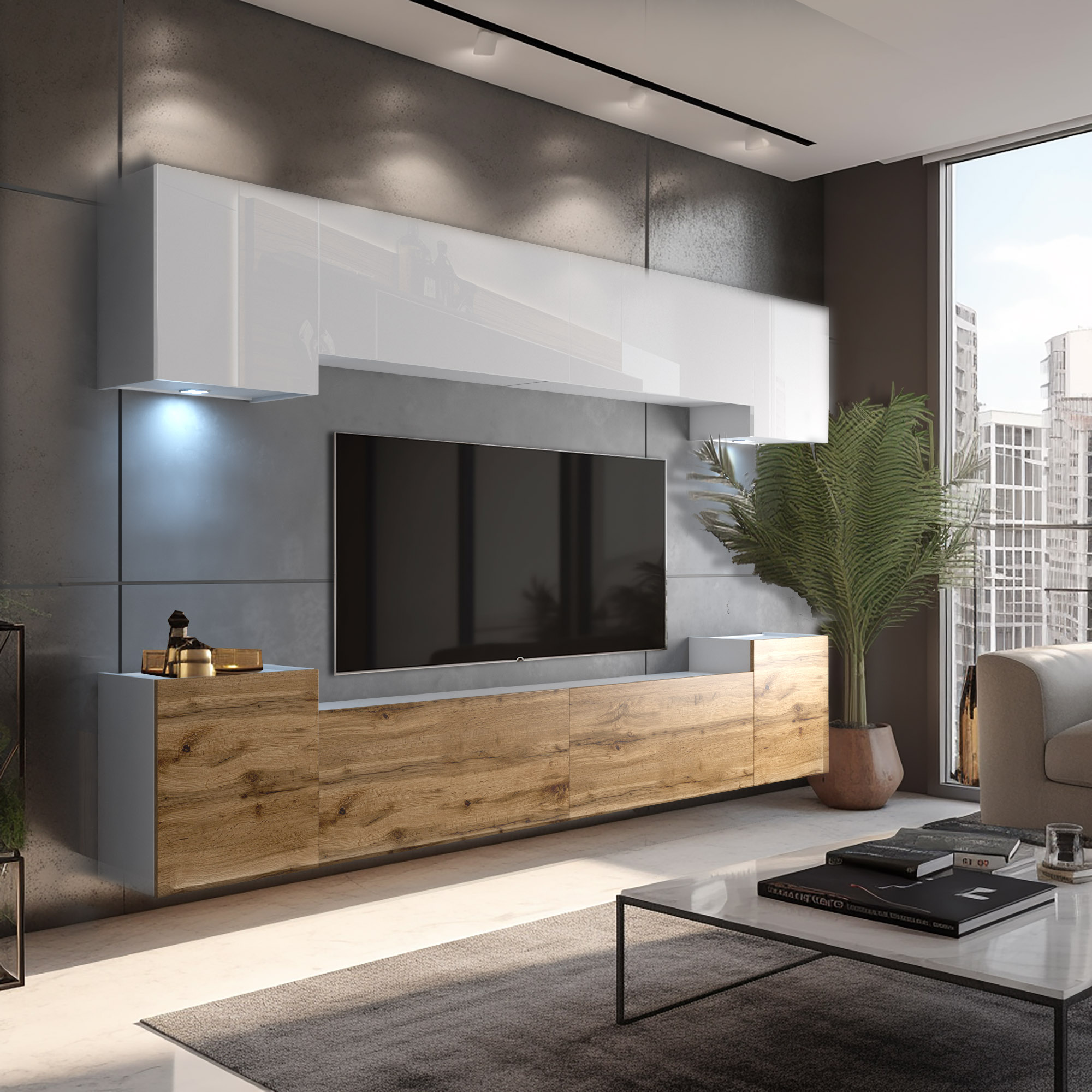Mur de télévision design avec mobilier en bois