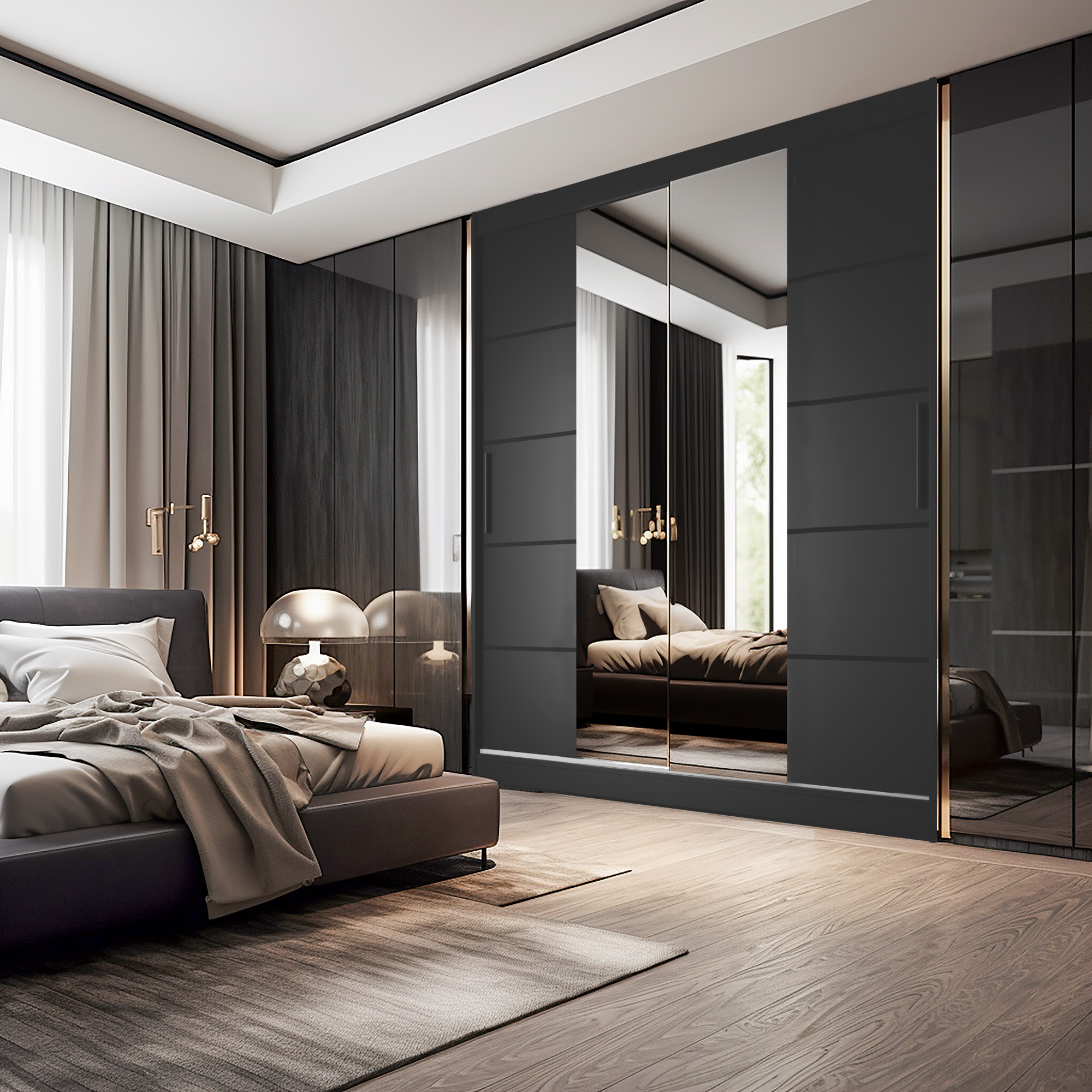 Intérieur élégant de chambre avec armoire réfléchissante