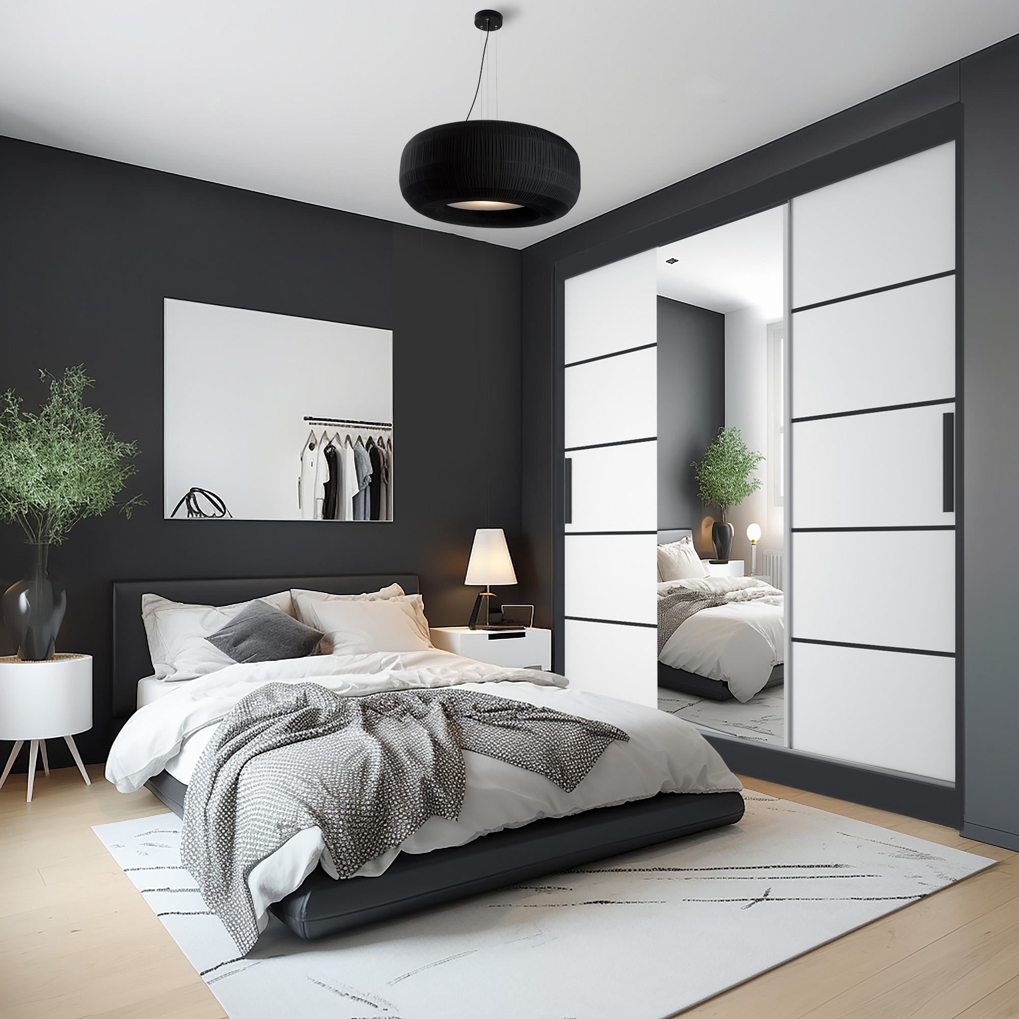 Chambre moderne avec lit et armoire