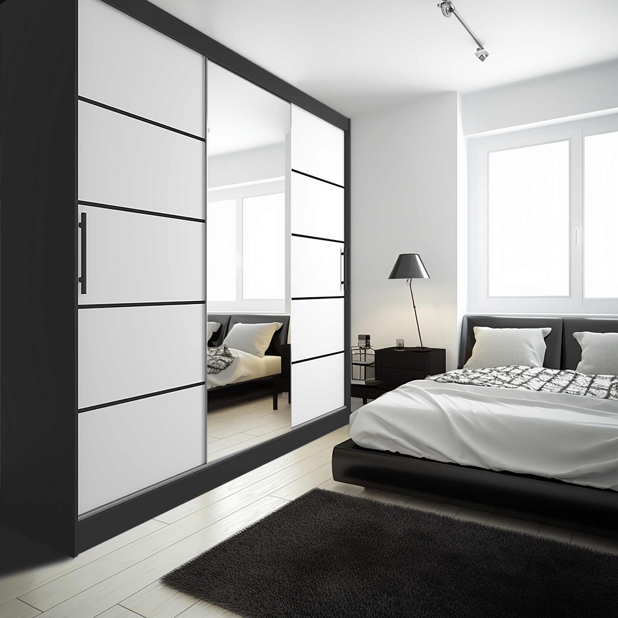 Chambre lumineuse avec armoire et lit confortable