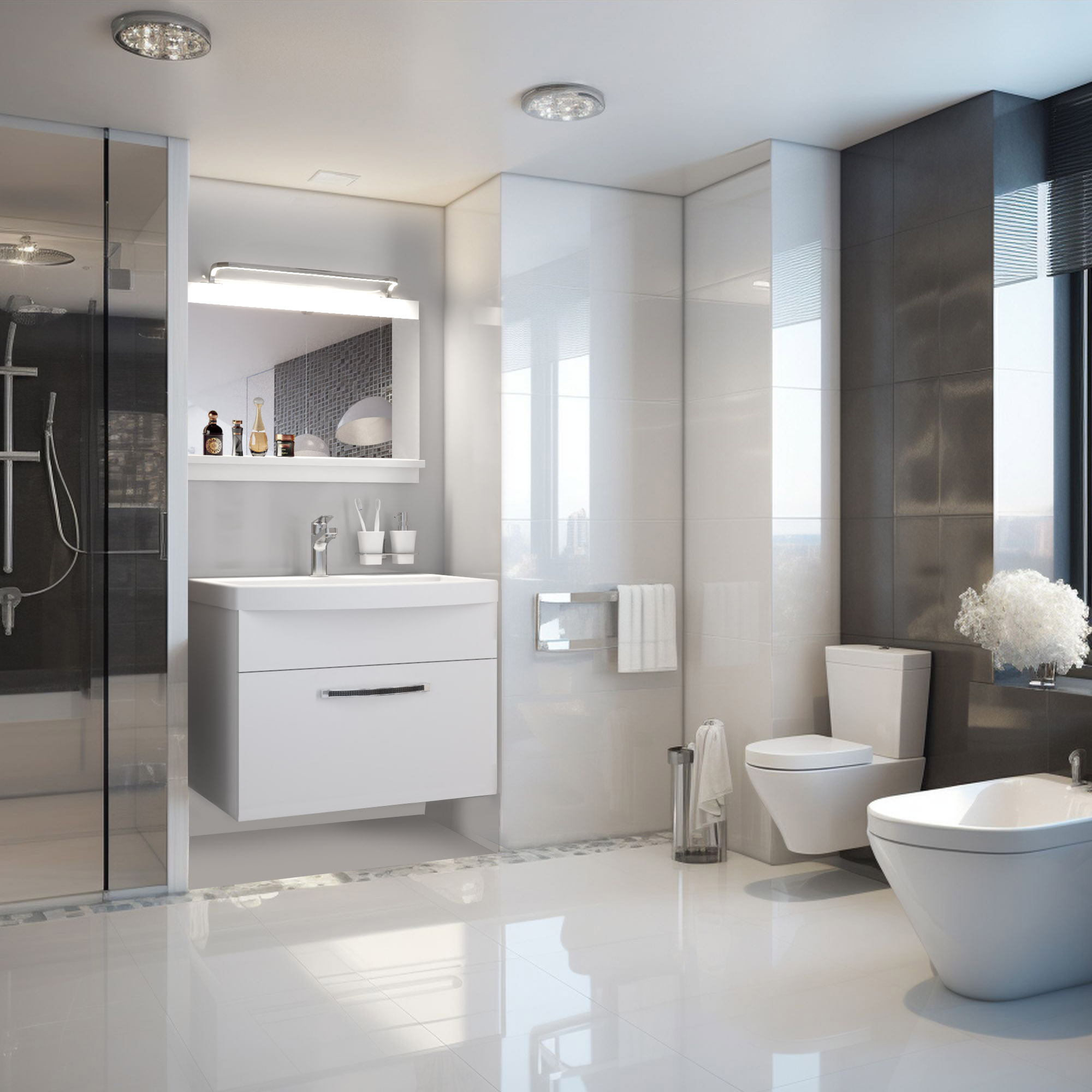 Salle de bain lumineuse avec mobilier fonctionnel